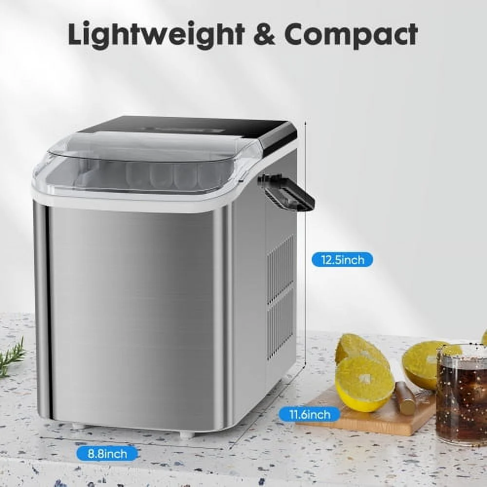 Countertop Ice Maker Machine, ZPL Portable Compact Ice Maker, Ice Making Machine with Self-Cleaning, 26lbs Per Day Handheld Ice Maker, for Kitchen/Home/Office/Party, Silver