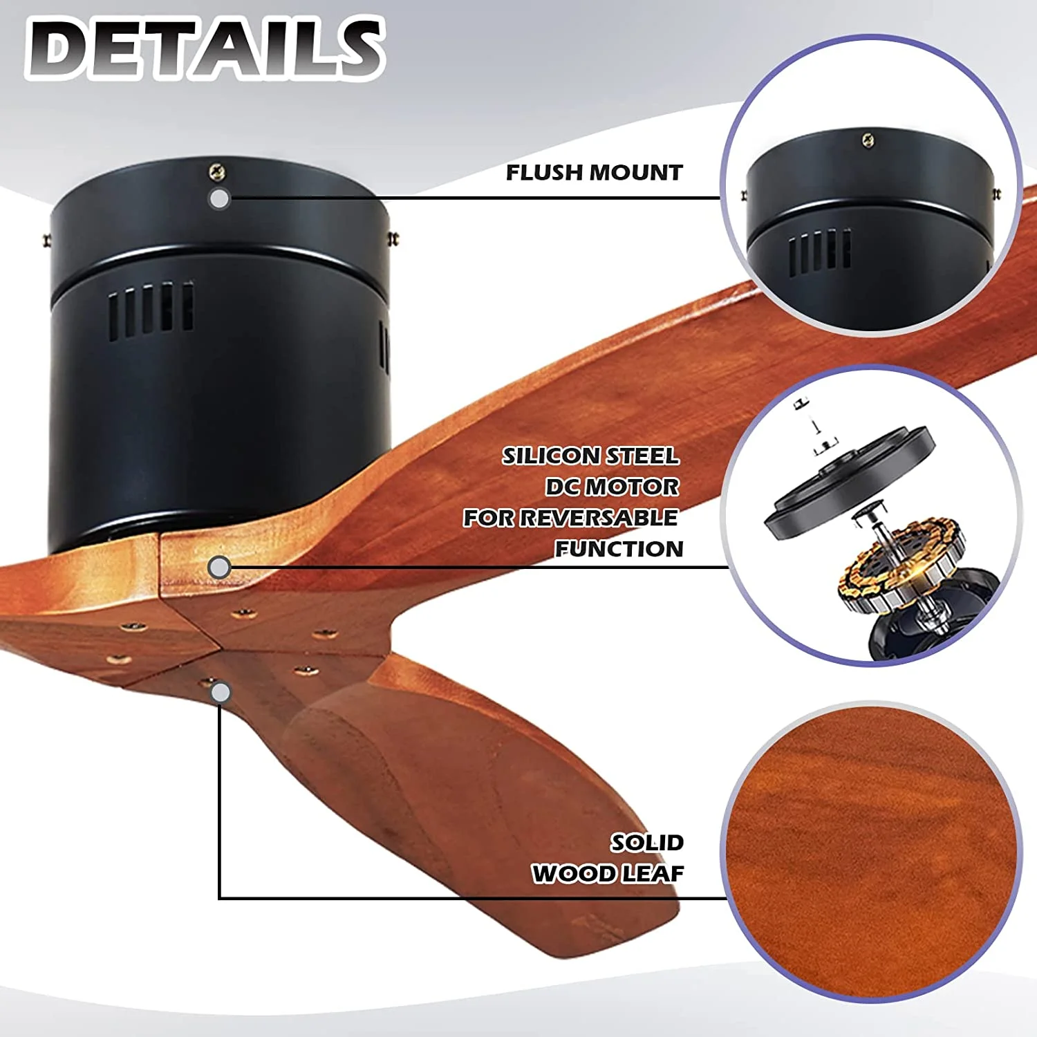 KAPOEFAN 52inch Flush Mount Ceiling Fan with Remote Control,Low Profile Wood Ceiling Fan without Light,Reverse Airflow for Indoor/Outdoor,Patio,Bedroom