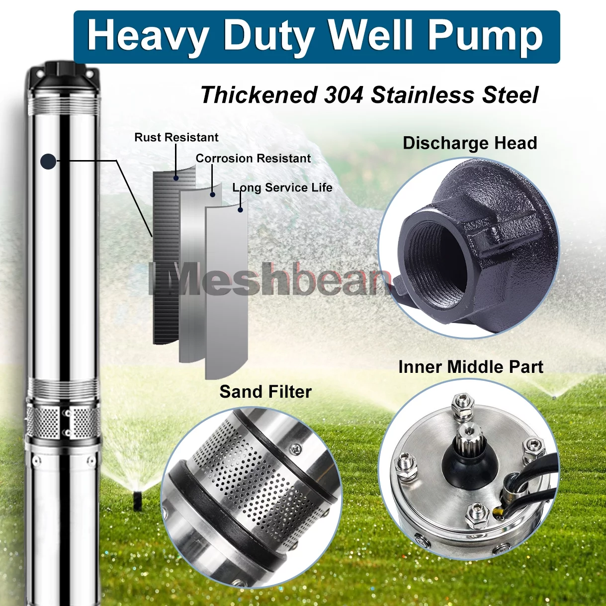 iMeshbean Deep Submersible Well Pump 2HP 37GPM 427ft Head with 100ft Electric Cable,220V 1.25' NPT Submersible Well Pump 4' Stainless Steel Water Pumps for Irrigation w/ Bonus Outlet