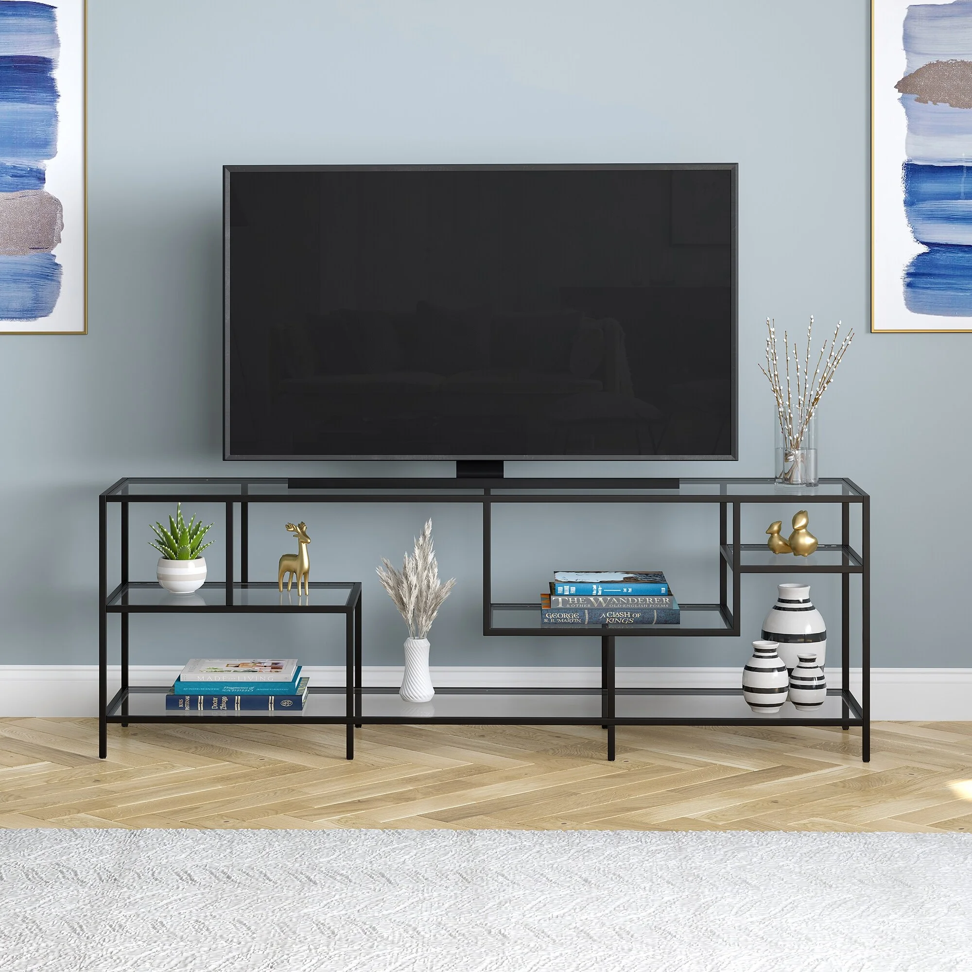 Evelyn&Zoe Deveraux Rectangular TV Stand with Glass Shelves for TV's up to 75