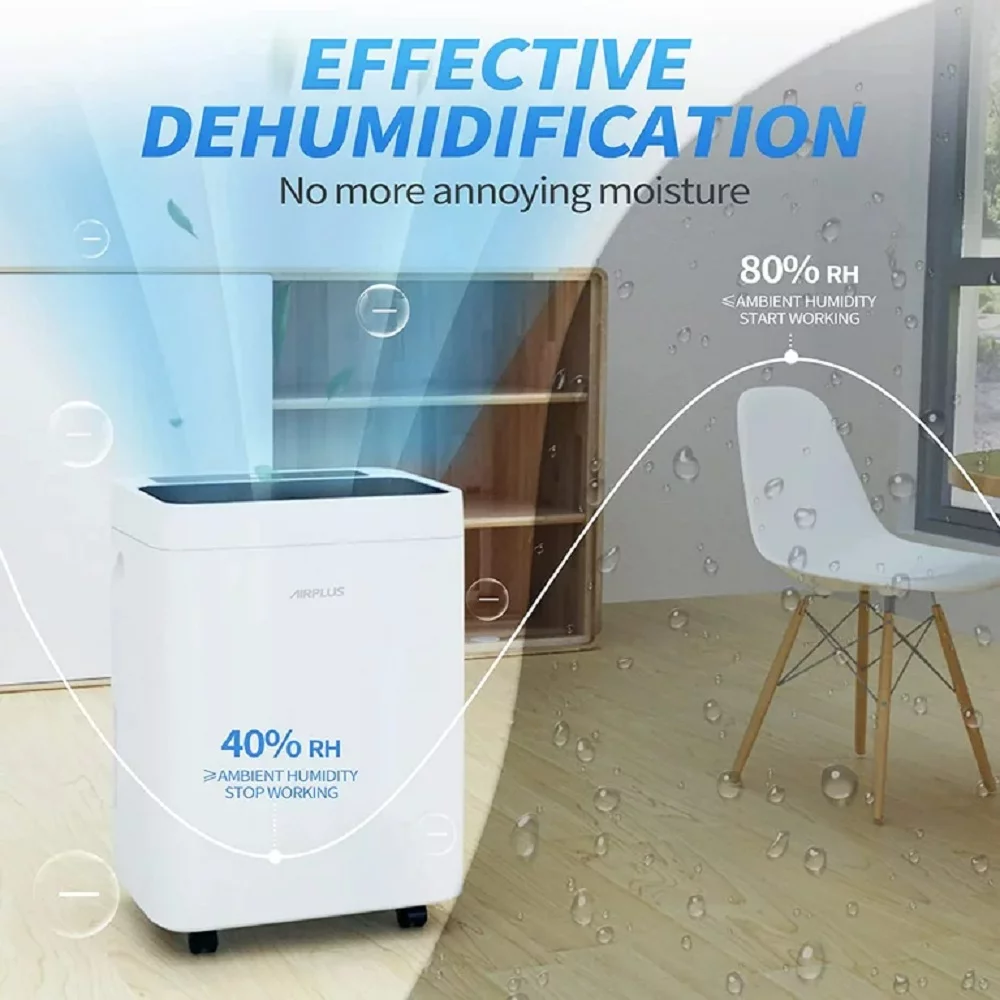 AIRPLUS 70 Pint Dehumidifier with Drain Hose, 4500 Sq. ft Dehumidifiers for Basements with Fast Drying, Low Noise, Timer, Ionizer, Auto Defrosting, AP2008, White