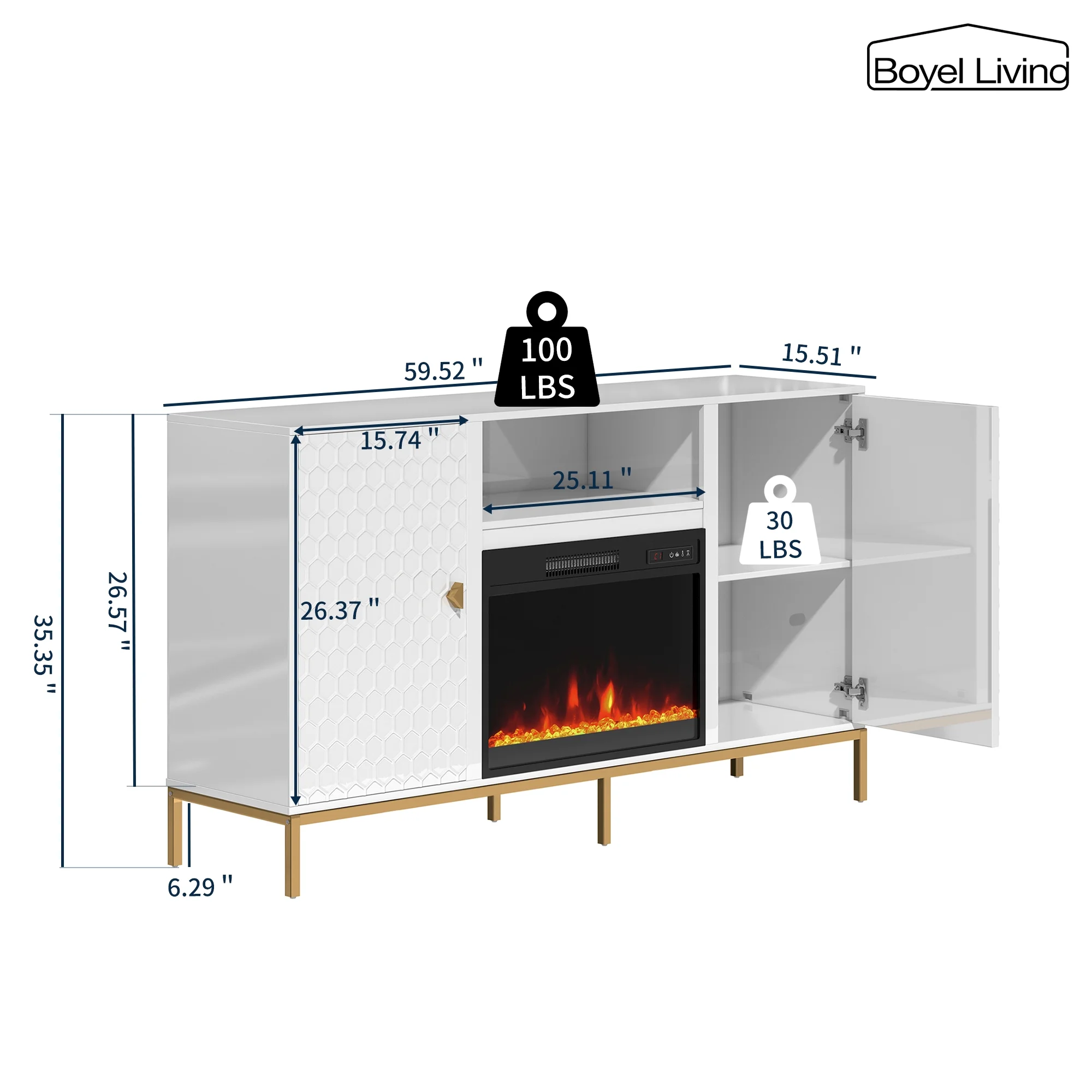 Boyel Living 59' Fireplace TV Stand, Entertainment Center with Storage Cabinet TV Console with 23' Electric Fireplace, White