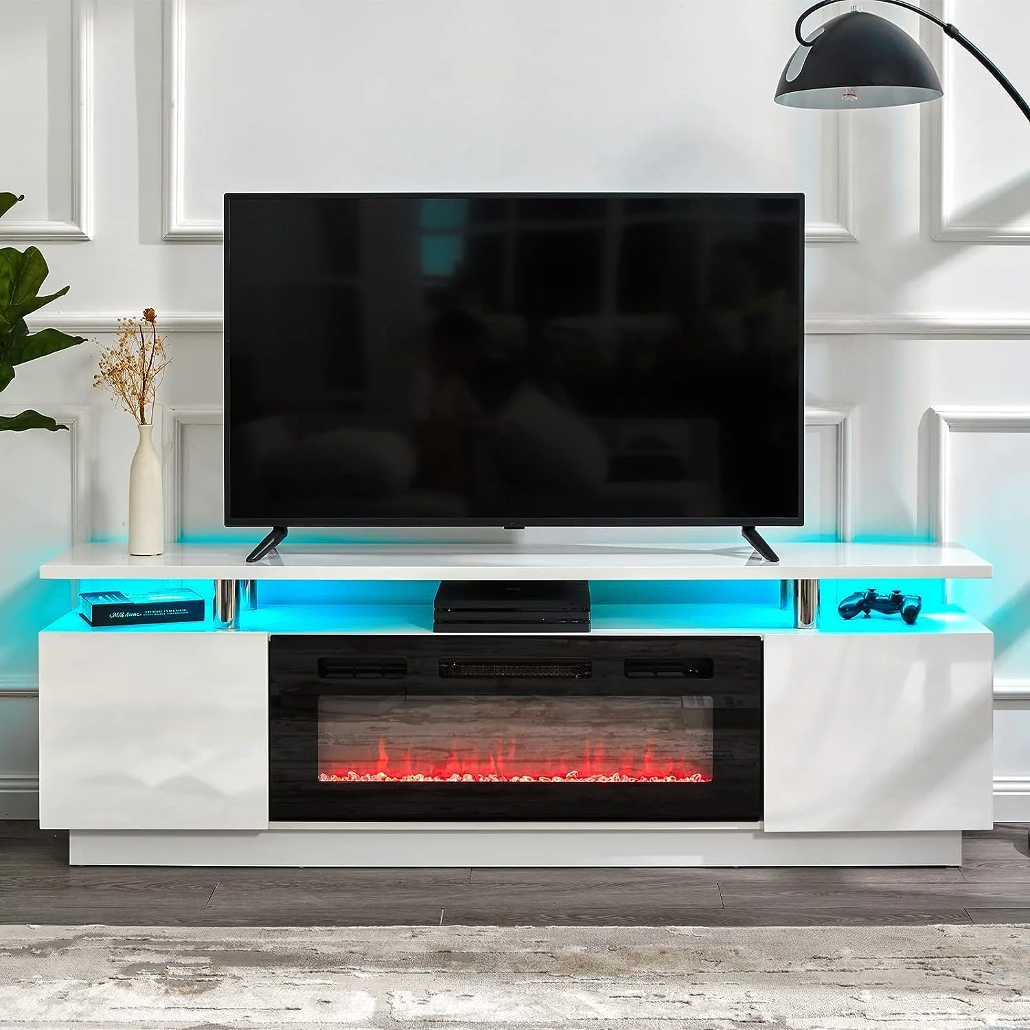 AMERLIFE Fireplace TV Stand with 36' Fireplace, Modern High Gloss Entertainment Center for 80 Inch TV, White