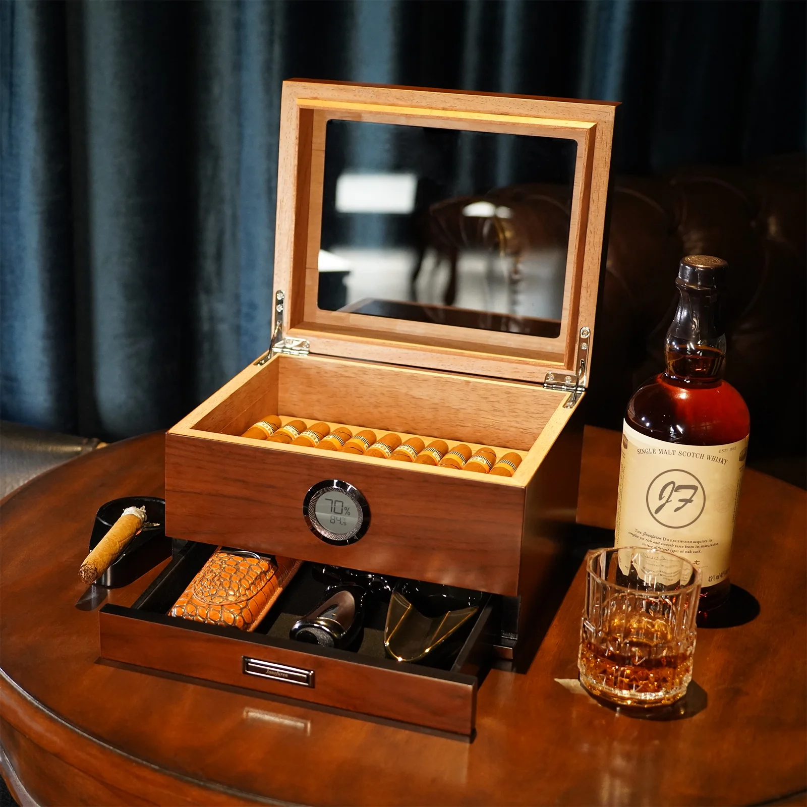 Cigar Humidors Box Spanish Cedar Handmade Cigar Box Glass Top Humidor Digital Hygrometer Front Humidifier and Accessories Drawer Hold 25-55 Cigars by Jansfuren