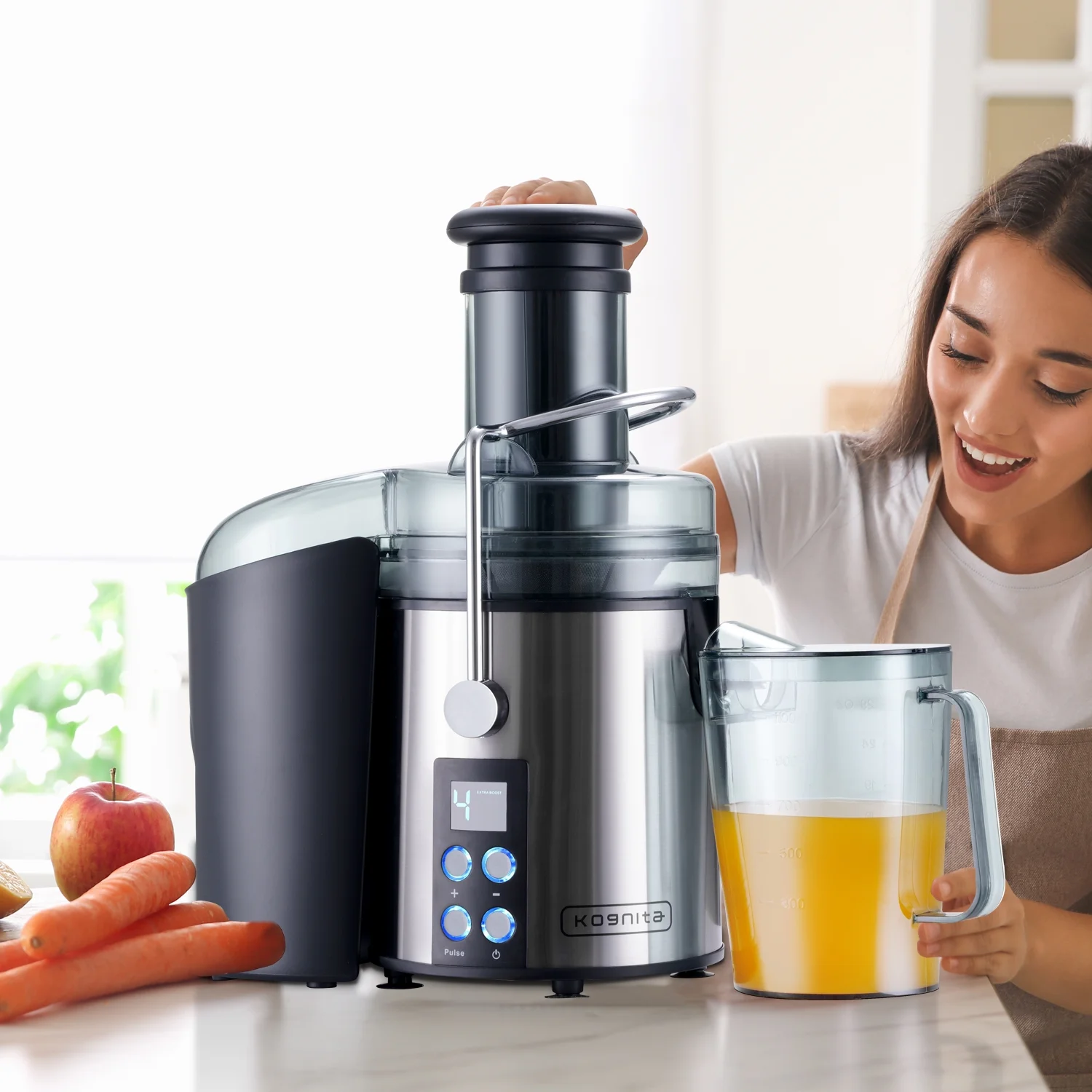 Kognita 1100W Juicer Machine with Larger 3' Big Mouth Feed Chute,Centrifugal Juice Extractor Maker with Heavy Duty Full Copper Motor,Stainless Steel,BPA-free (Silver+Black)