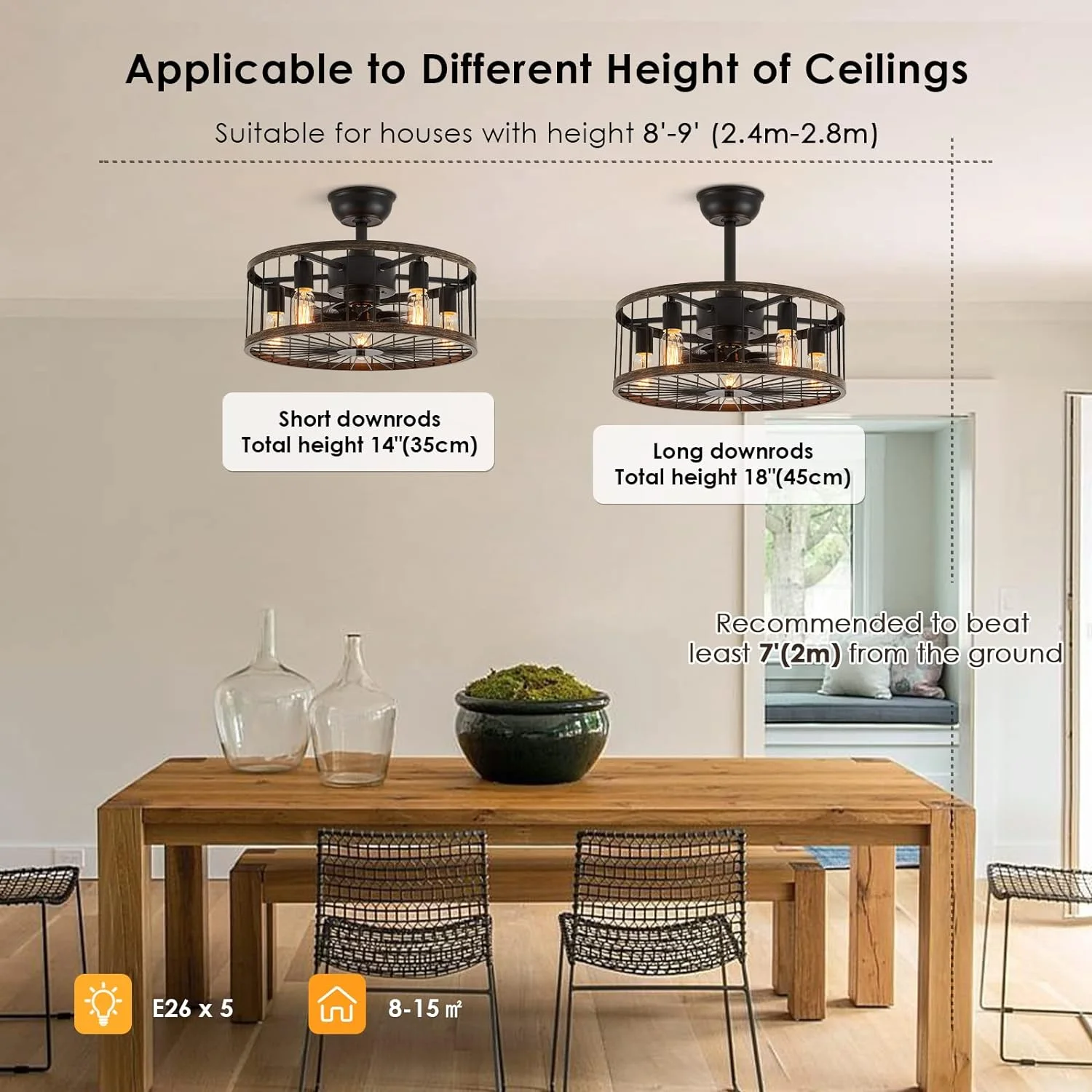 HOOMEDELIER 20' Ceiling Fan with Light and Remote, Industrial Ceiling Fan with Light, 8 Blades Flush Mount Farmhouse Ceiling Fan for Indoor