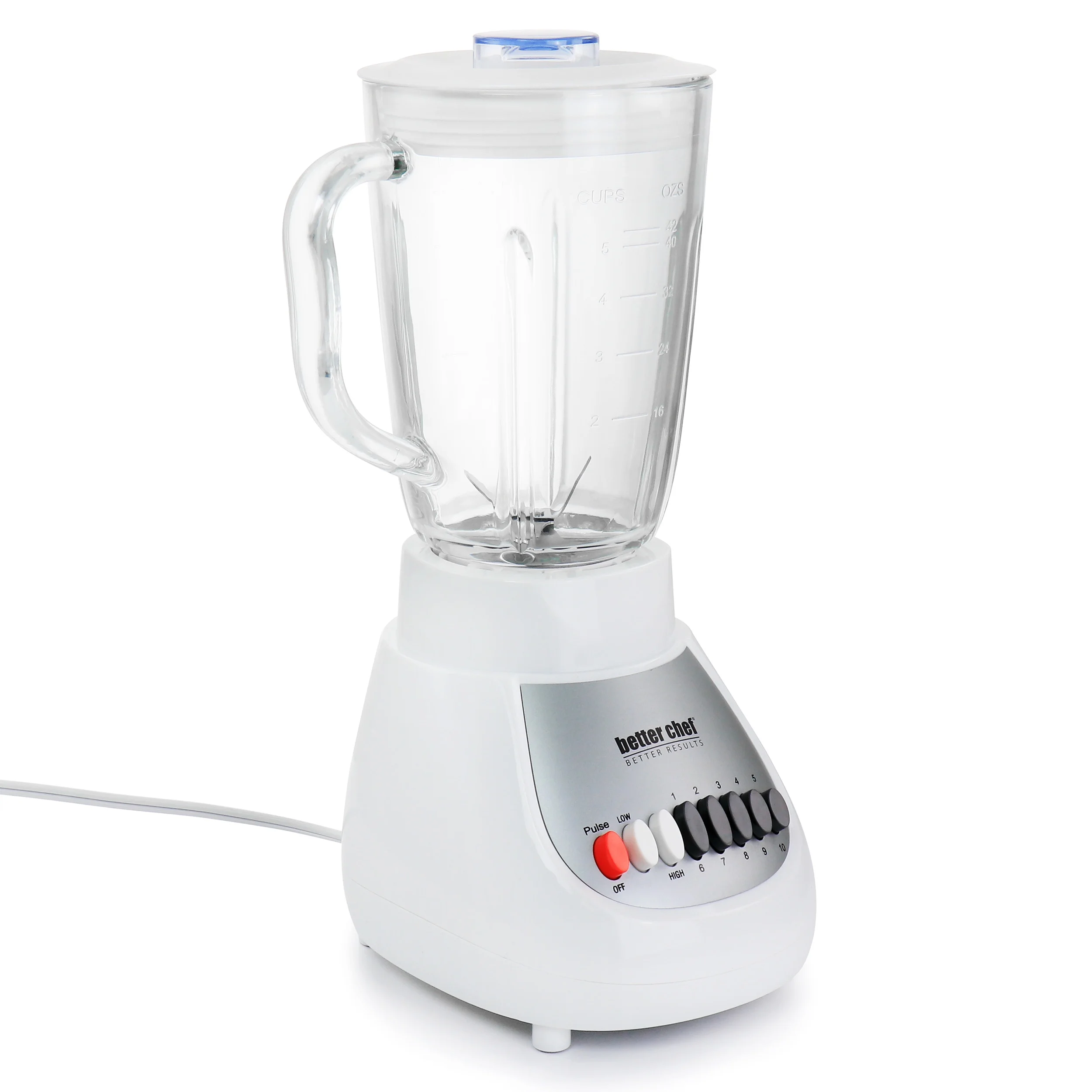 Better Chef 10-Speed 350 Watt 42 Ounce Glass Jar Blender in White/Silver
