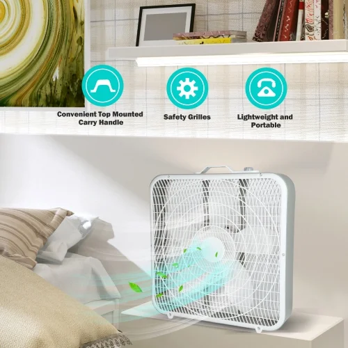 InfiniPower 20�� Box Fan, 3-Speed Cooling Table Fan with Aerodynamic Shaped Fan Blades, Convenient Carry Handle and Safety Grills, For Home Office Color: White