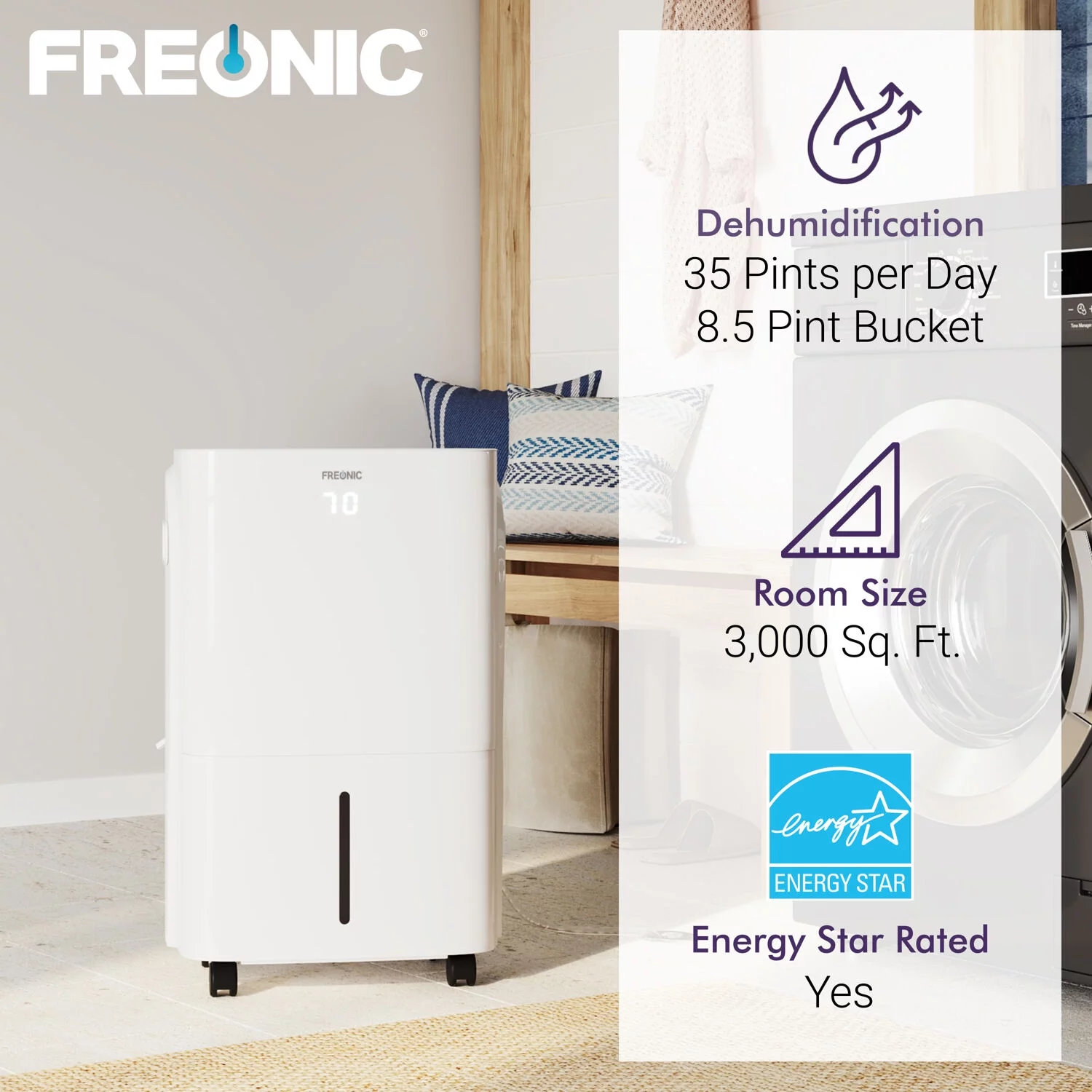 Freonic Energy Star 35-Pint 3,000 sq.ft. Portable Dehumidifier in White,FHCD351AWG