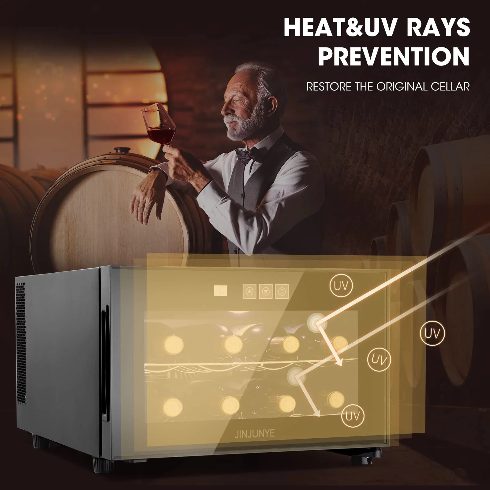 JINJUNYE Wine Cooler Refrigerator, 8 Bottle Wine Fridge Small, Countertop Wine Cooler with Temperature Control, Mini Freestanding Wine Cellars Glass Door for Home, Office, Bar, Gift for Men