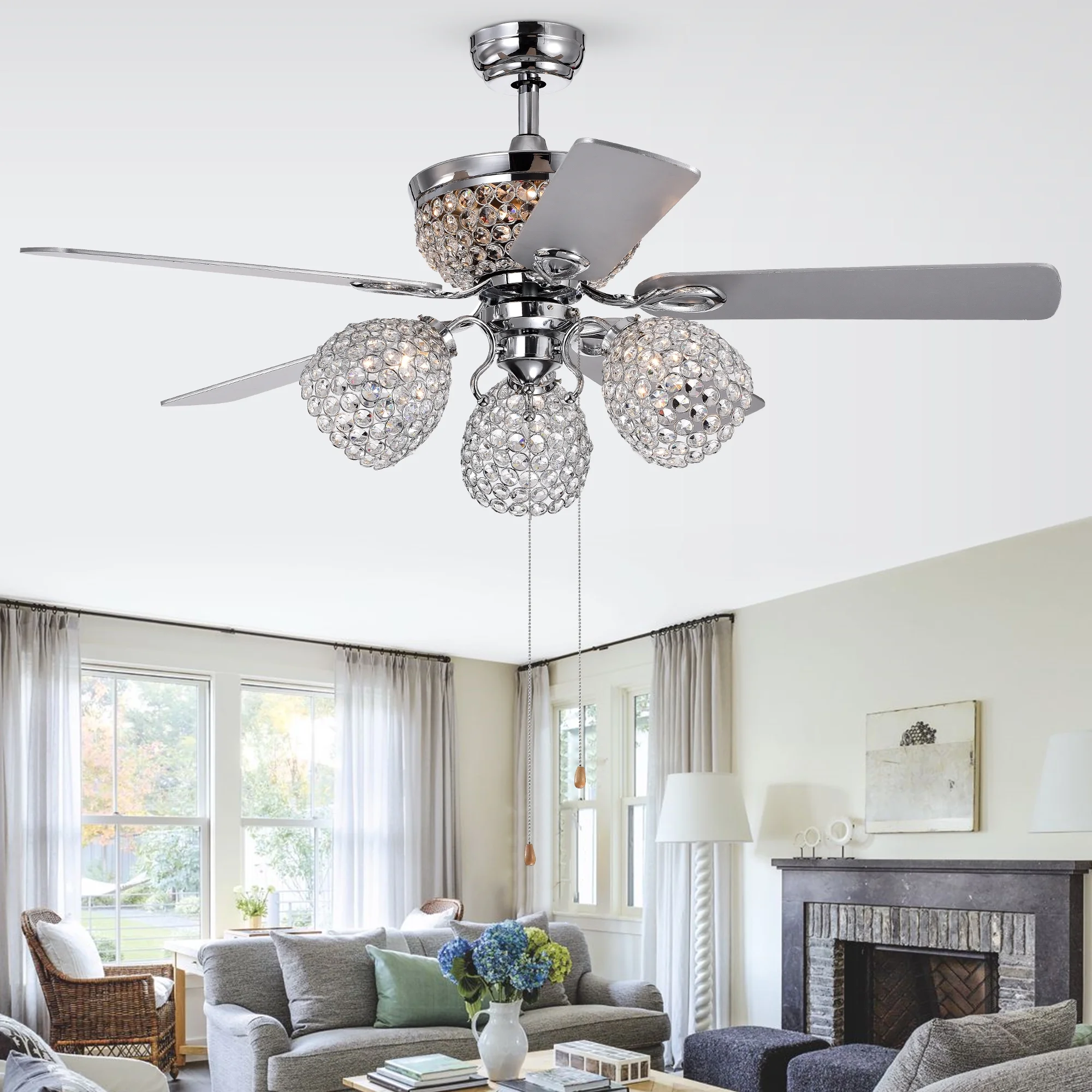 Jasper Silver 52-Inch 5-Blade Lighted Ceiling Fan with Multiple Crystal Lamps Remote Controlled