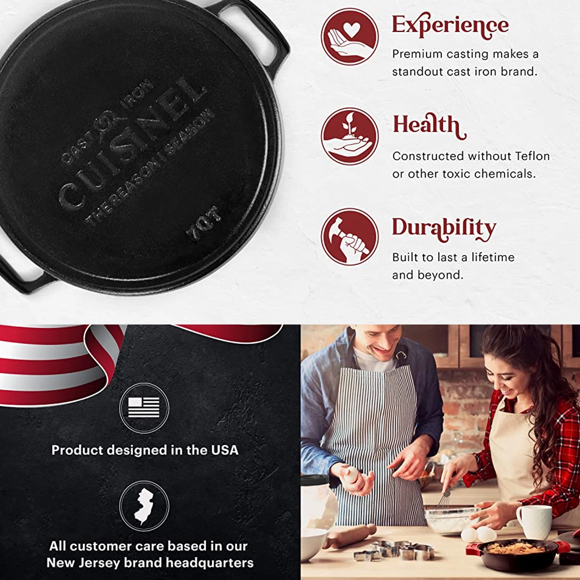 Cuisinel Cast Iron Pot with Lid 2-in-1 Multi Cooker Pre-Seasoned Dutch Oven 7 Quarts