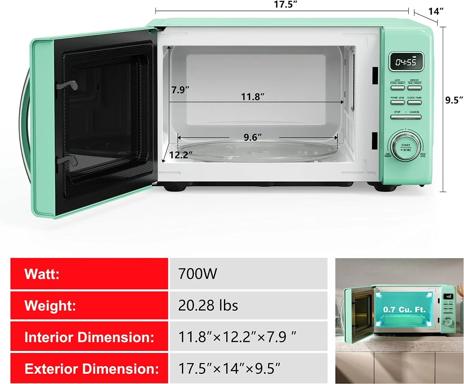 Galanz Retro Countertop Microwave Oven with Auto Cook & Reheat, Defrost, Quick Start Functions, Easy Clean with Glass Turntable, Pull Handle, .7 cu ft, Green