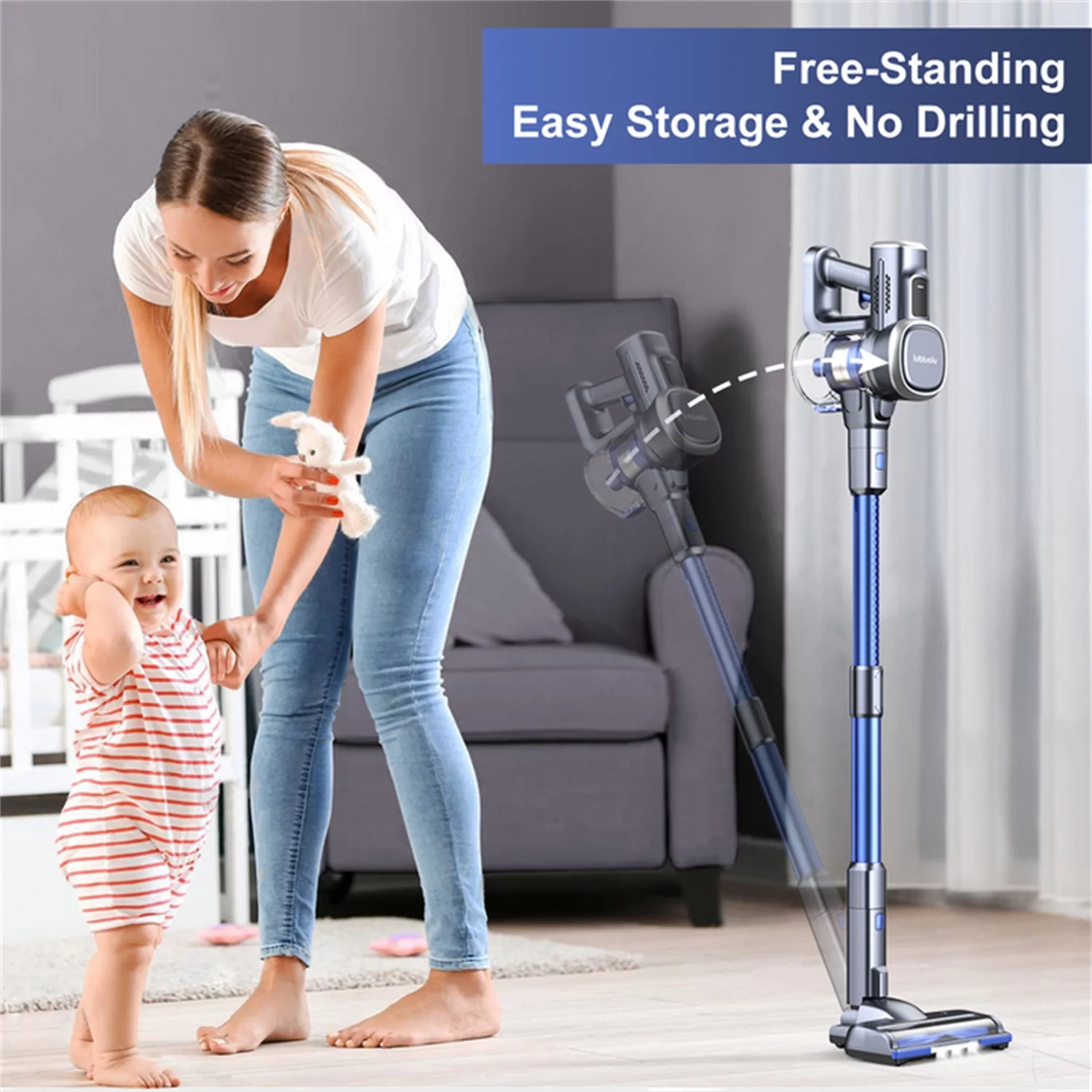 25Kpa Powerful Cordless Stick Vacuum Cleaner Bagless Upright Handheld Floor and Carpet Vacuum Cleaner for Pet Hair Cleaning 6in1 50Mins Long Runtime