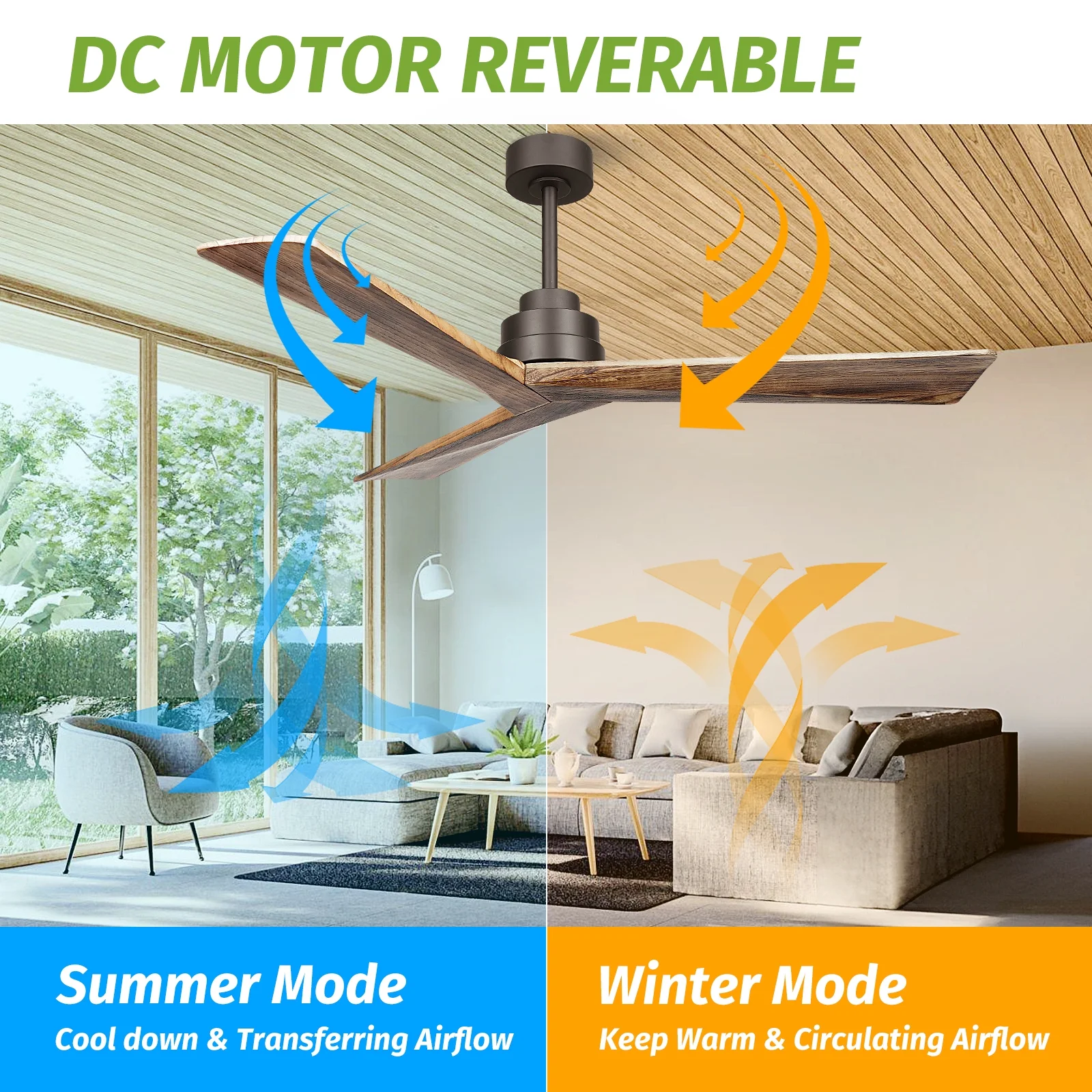 KAPOEFAN 52inch Ceiling fan without Light, Wood Outdoor Ceiling Fan with Remote,Flush Mount Ceiling Fan for Living room Bedroom Farmhouse Outdoor