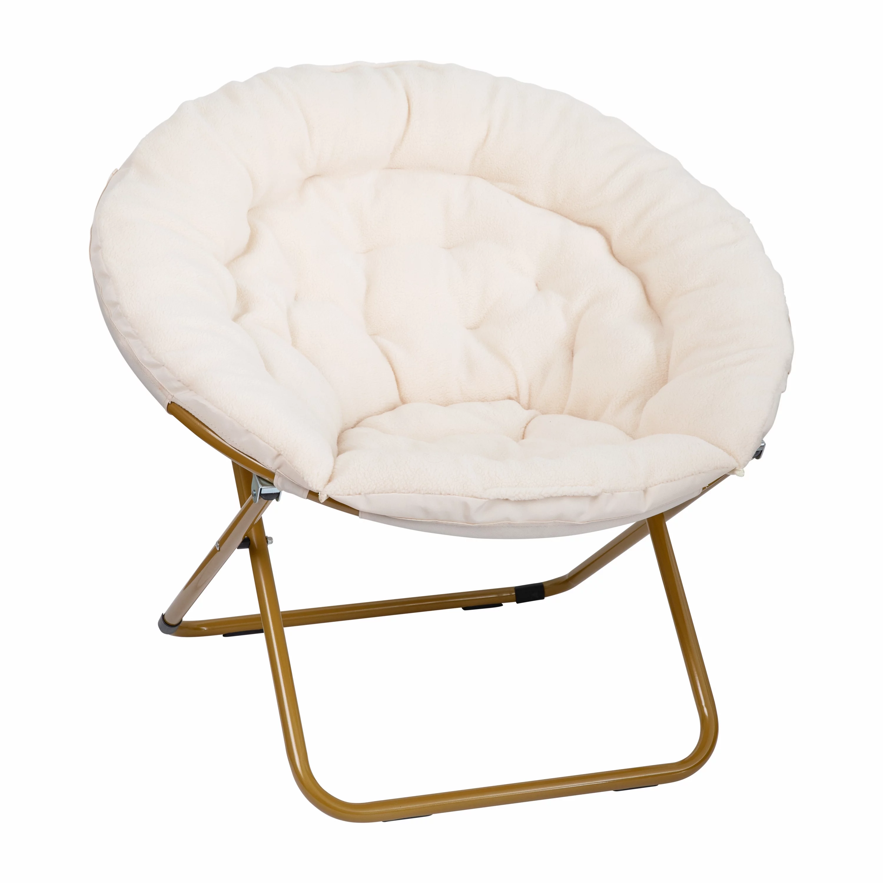 Emma + Oliver 38' Oversize Portable Faux Fur Folding Saucer Moon Chair for Dorm and Bedroom, Ivory Sherpa/Soft Gold Frame