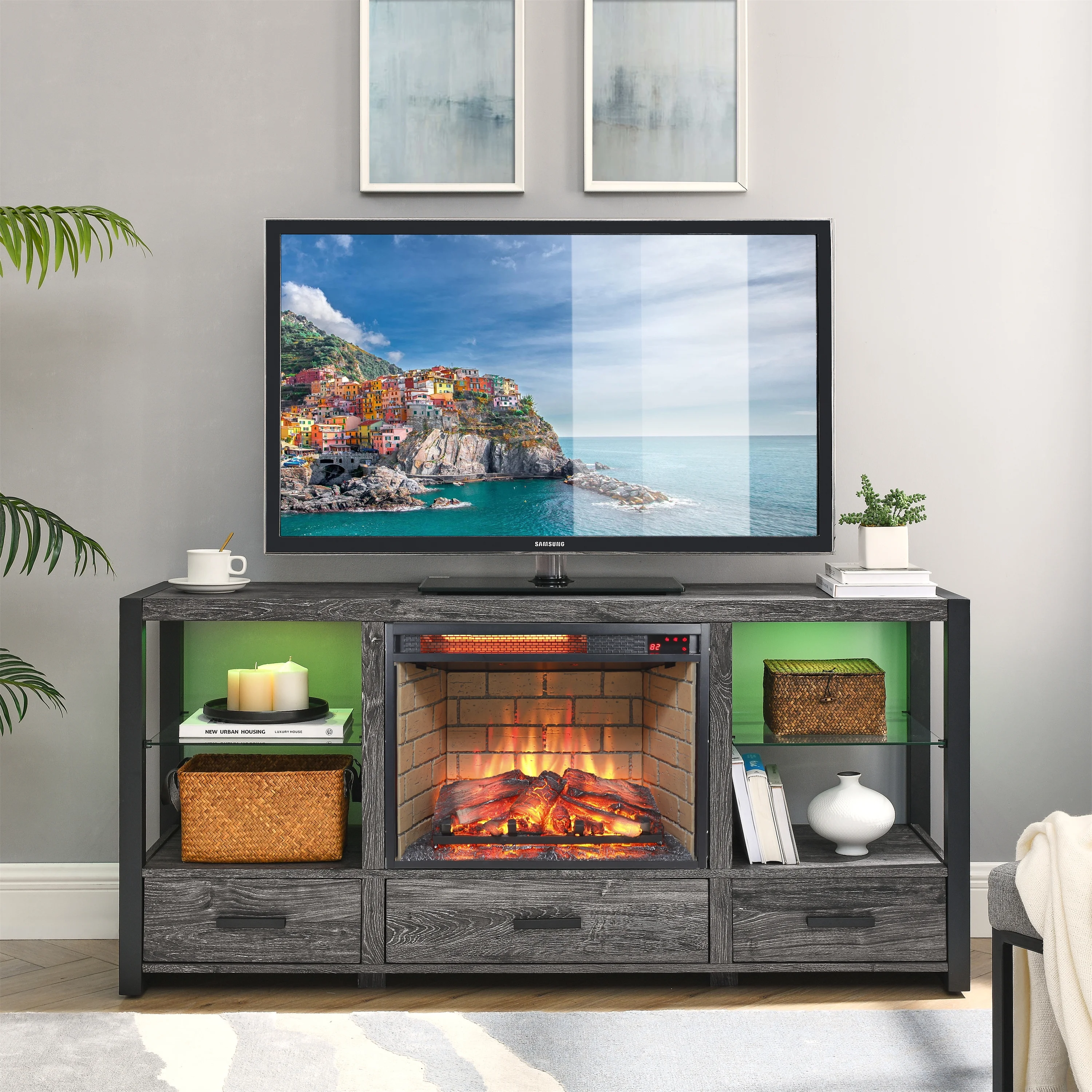 23' Electric Fireplace with Remote Control, Embedded Insert Infrared Quartz Heater with 4 Brightness Settings & Overheating Protection, Freestanding & Recessed 3D Electric Fireplace Insert, 1500W