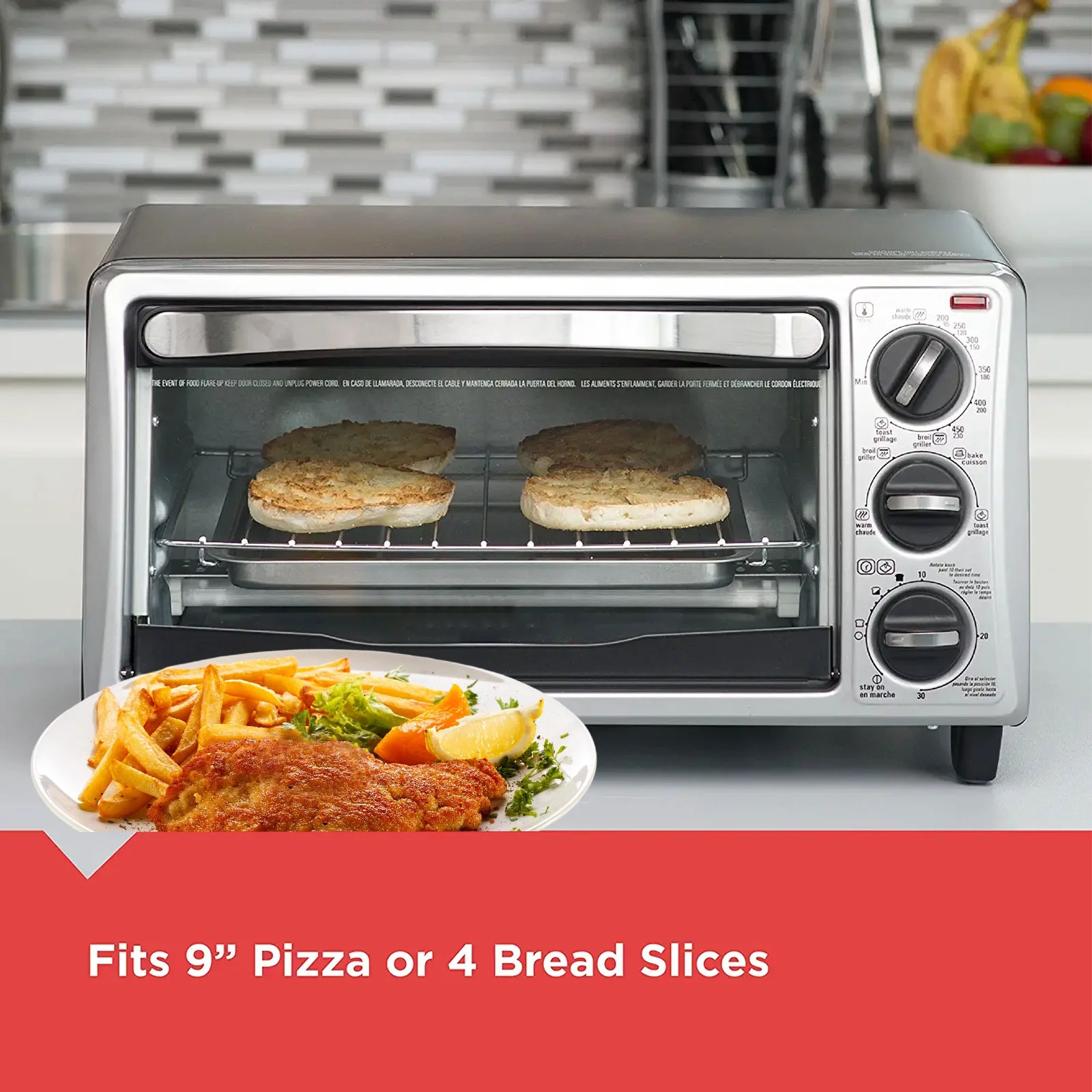 4-Slice Countertop Convection Oven - Curved Interior fits 9 inch Pizza (Stainless Steel, Silver)