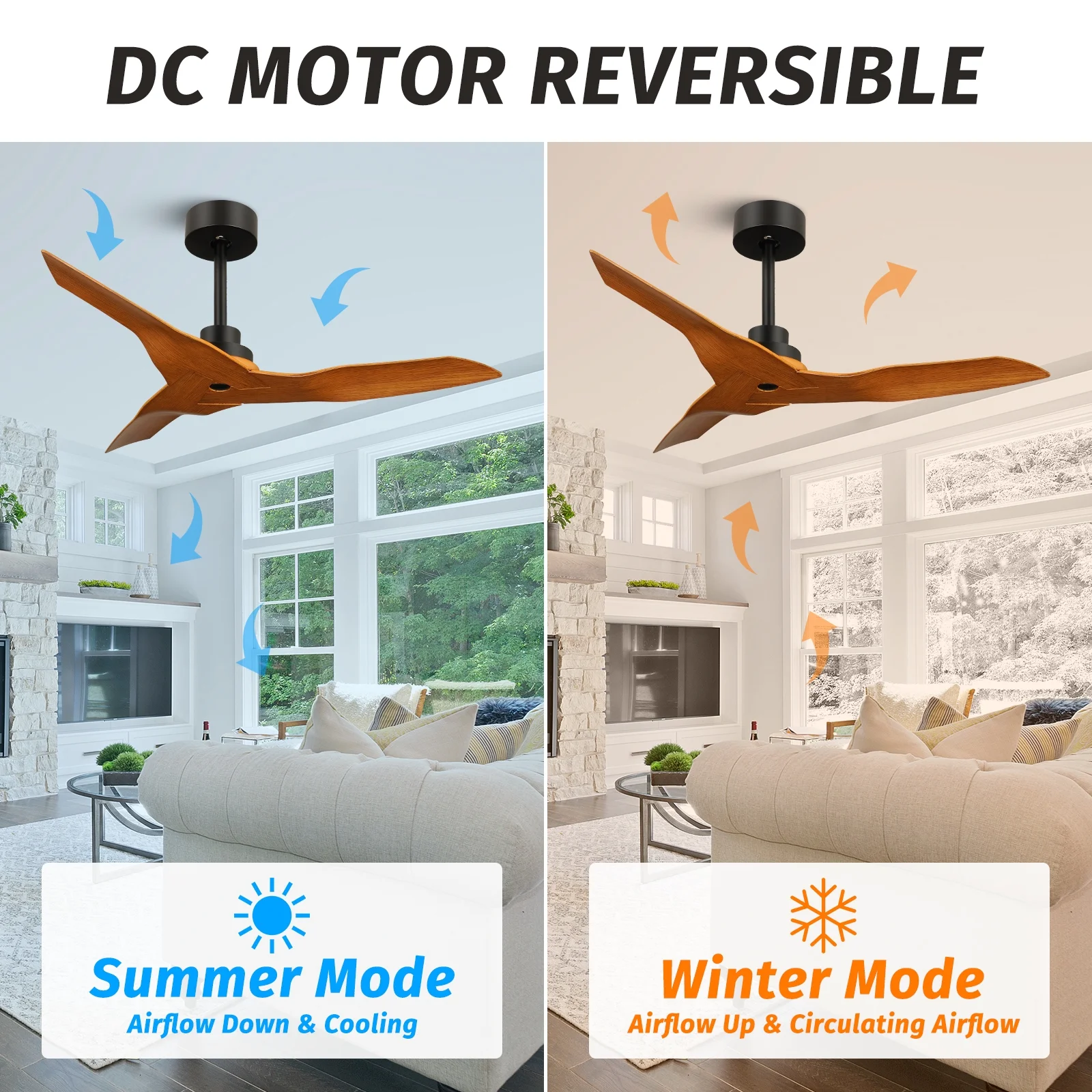 KAPOEFAN 42 Inch Outdoor Ceiling Fan No Light, 3 Blade Walnut Wood Ceiling Fans Without Lights, Modern Ceiling Fan with Remote
