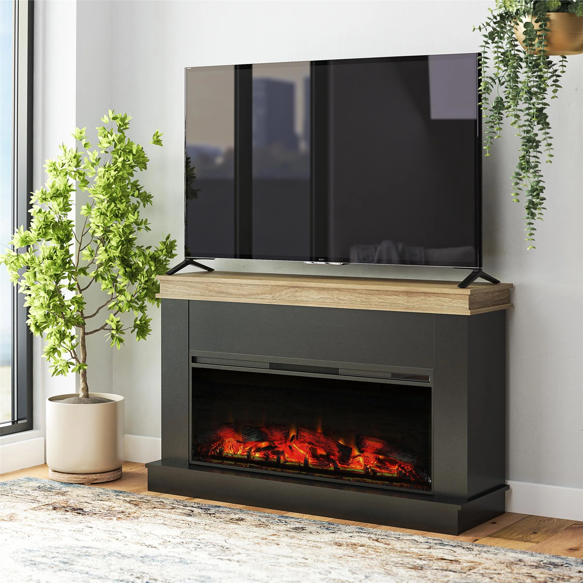 Ameriwood Home Mabrick Wide Mantel with Linear Electric Fireplace and Remote for TVs up to 65