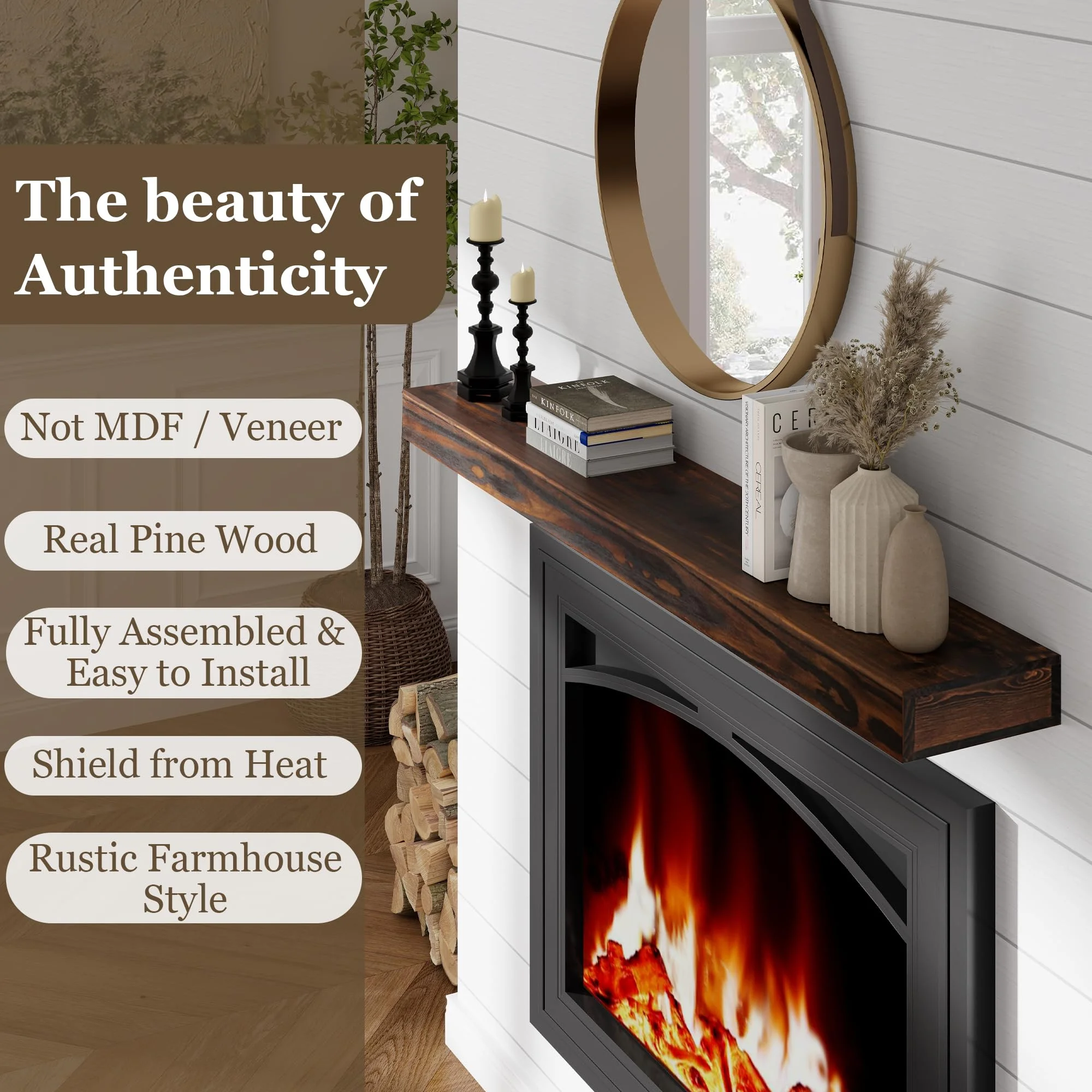 48in.Solid Wood Fireplace Mantel Wall Shelves Wall Mounted Floating Shelf 48'W x 3'H x 8'D, Espresso