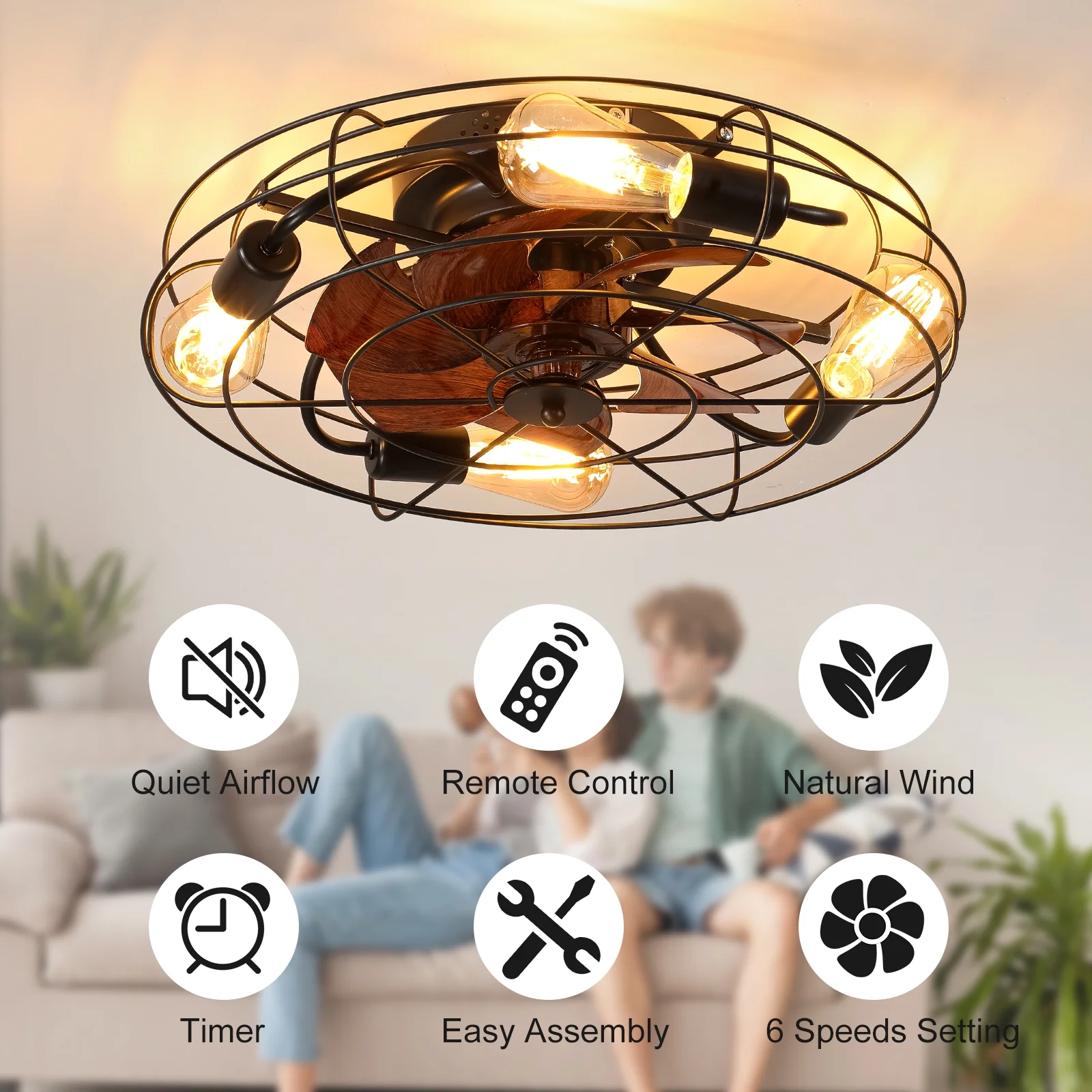 Aukfa 20' Caged Ceiling Fan with Lights and Remote, 6-Speeds Bladeless Enclosed Fan for Bedroom, Kitchen, Farmhouse