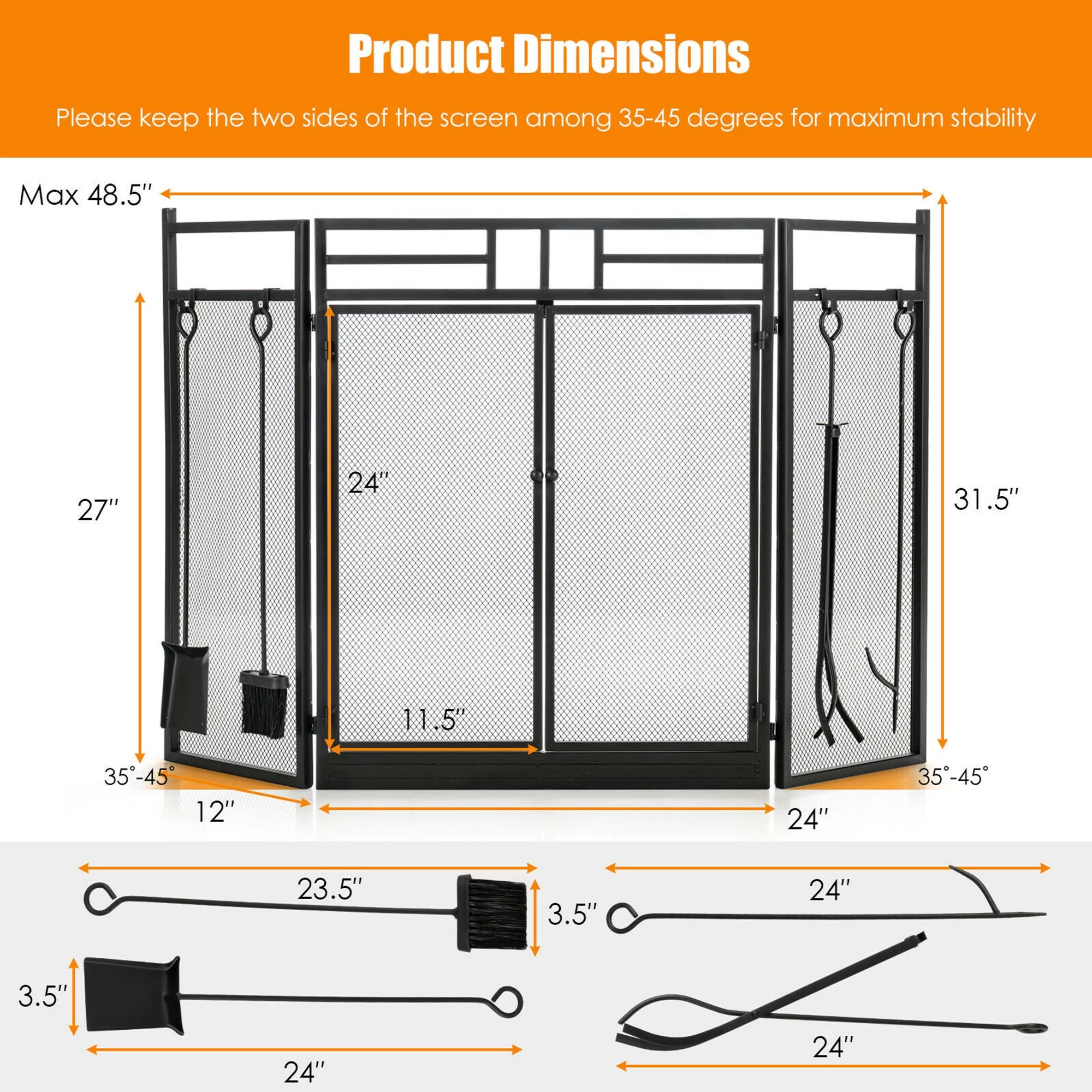 Gymax 3-Panel Folding Wrought Iron Fireplace Screen W/ Doors & 4 Pieces Tools Set