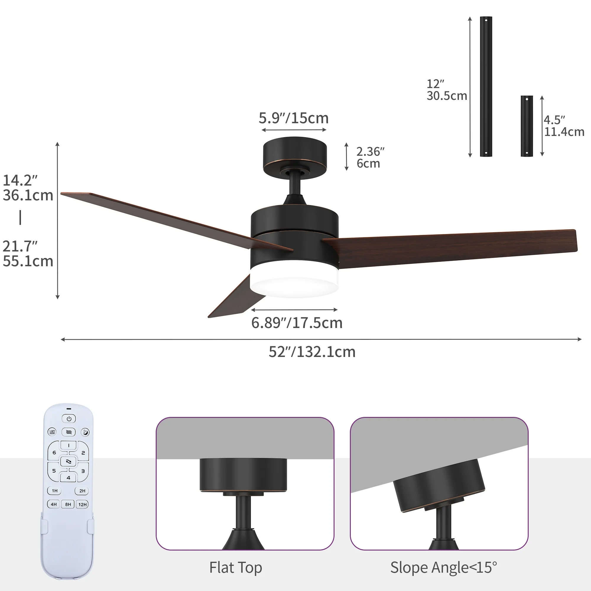 52' Modern Ceiling Fan with LED Light and Dimmable Remote,6-Speed Reversible DC Motor, 3-Blade Timing Industrial Ceiling Fan for Living Room, Bedroom, and Outdoor Terraces, Walnut