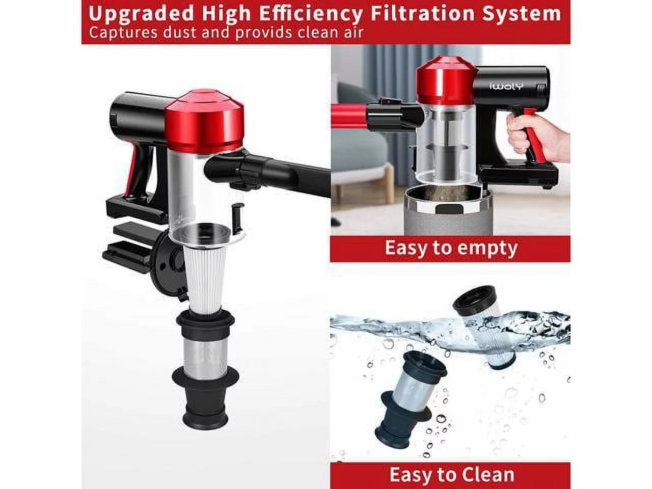C150 Cordless Vacuum Cleaner Rechargeable with 2200mAh Detachable Battery, 18000Pa Cyclone Vacuum with HEPA Filter, 3 Modes, Portable Handheld Stick Vacuum for Hard Floors