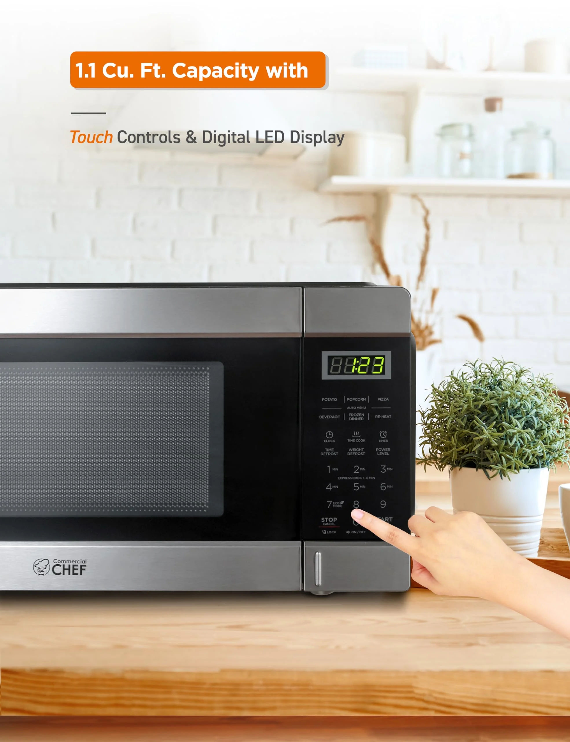 Commercial Chef Countertop Microwave, 1.1 cu. ft., Black With Stainless Steel Trim