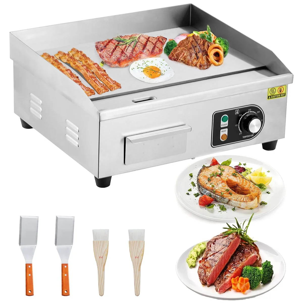 Danolapsi 22-Inch Commercial Electric Grill 1600W Electric Countertop Grill Non-Stick Electric Grill Plate 110V Teppanyaki Flat Grill Stainless Steel Adjustable Temperature Control 122��F-572��F