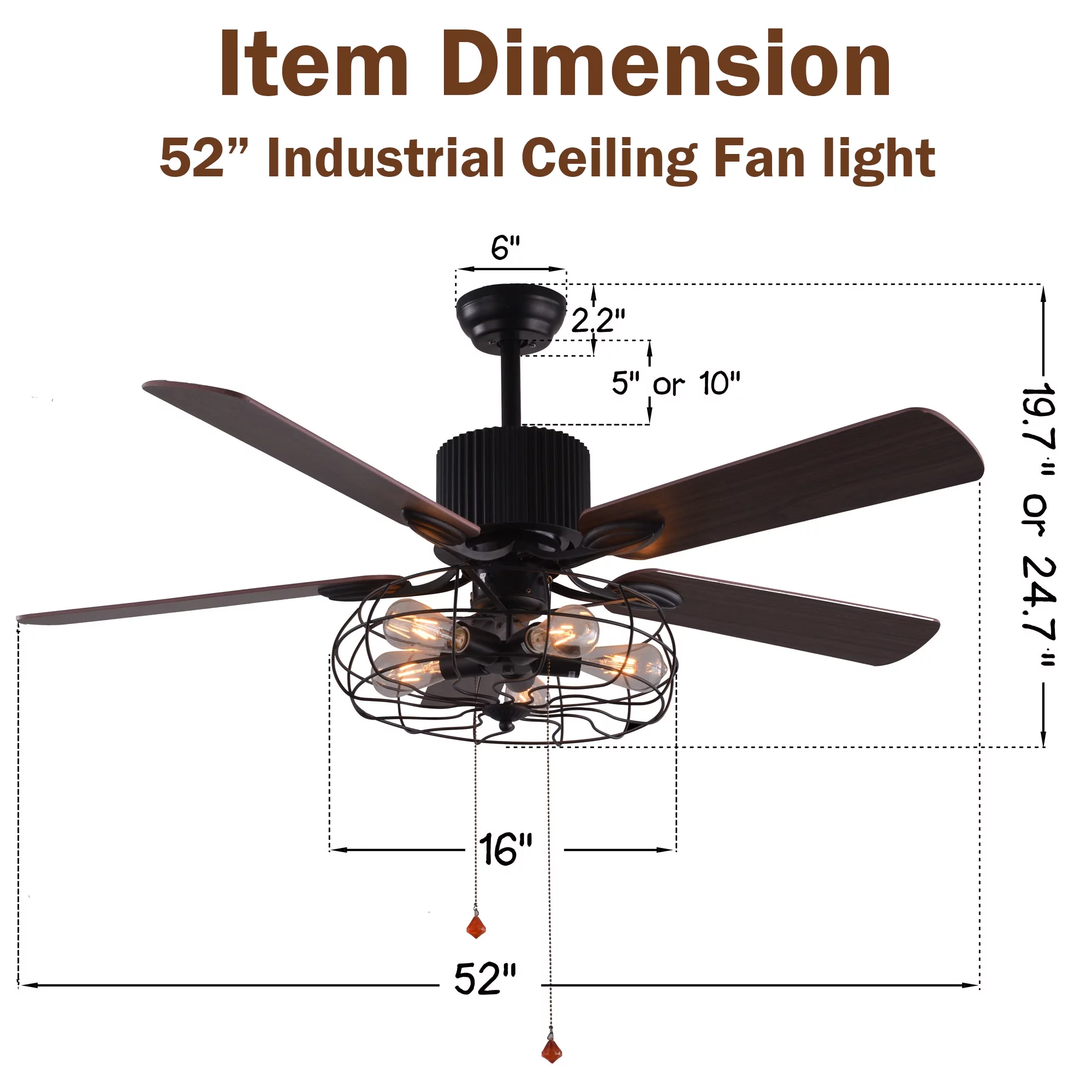 52' Black Industrial Metal Caged Ceiling Fan with Reversible Blades, 3-speed, Light Kit and Remote Control