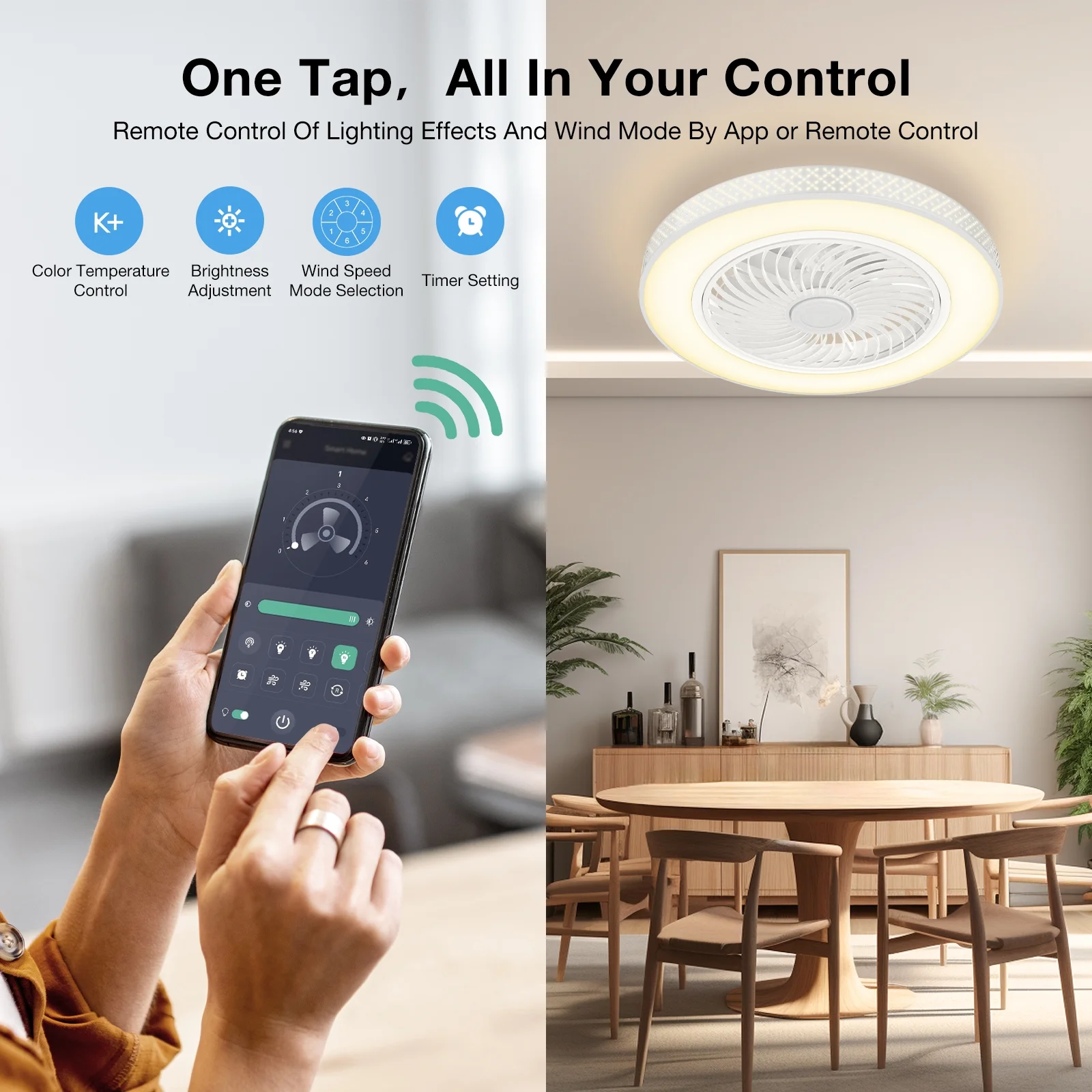 BLITZWILL 18 in Round Ceiling Fans with Lights, Dimmable Color Temperature and 6 Speeds, Remote & APP Control, Flush Mount Bladeless Reversible Motor, White