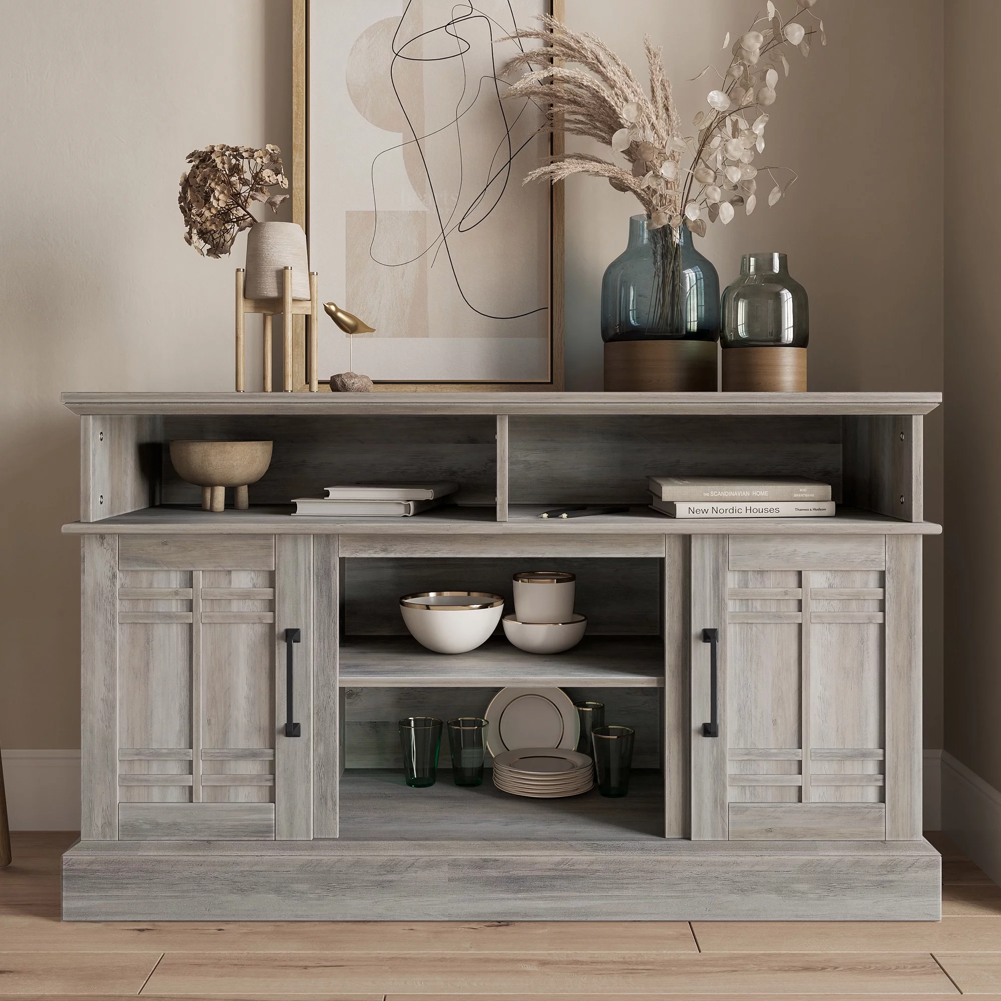 BELLEZE TV Stand Media Entertainment Center - Norrell (Gray Wash)