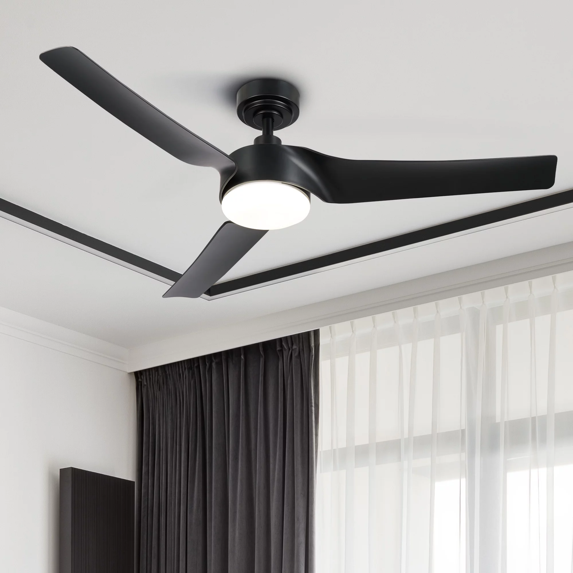 Bestco Modern Smart Ceiling Fan with Light & Remote Compatible with Alexa Google Voice App Control, 52' Semi Flush Mount Indoor 6 Speed Reversible Fandelier & Dimmable LED Lighting Fixture Kit, Black