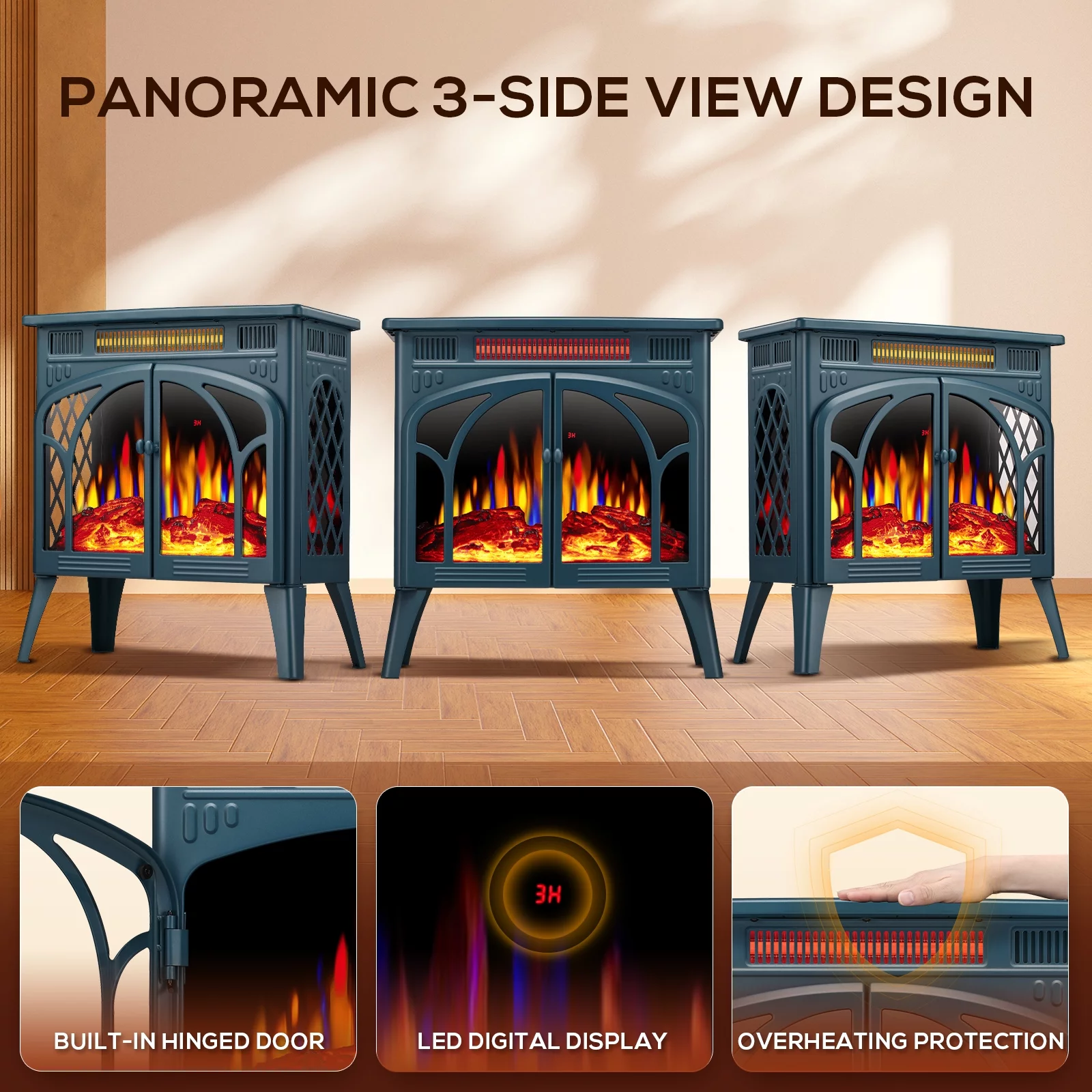 Auseo Electric Fireplace Heater 25'' with 3D Realistic Flame Effect, Freestanding Fireplace with Remote Control, Timer, Different Flame Color,2 Heating Modes 500W/1500W, Darkgreen