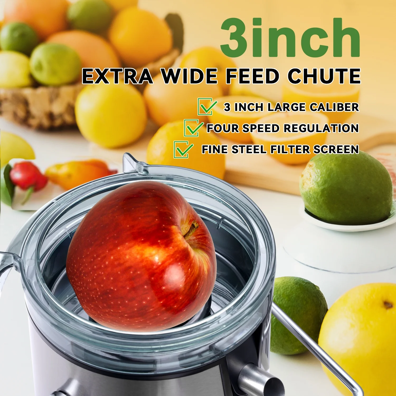 Hilax 1100W Juicer Machine with Big Wide 3-in Chute,Centrifugal Juice Extractor Maker for Fruits and Vegetables,Easy to Clean,Stainless Steel,BPA-free (Black)
