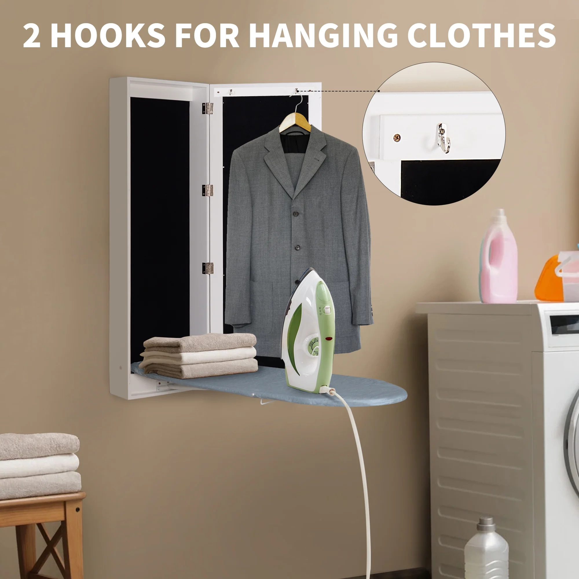 Facilehome Wall-Mount Ironing Board Cabinet,Foldable Ironing Board Station with Mirror White for Laundry Room