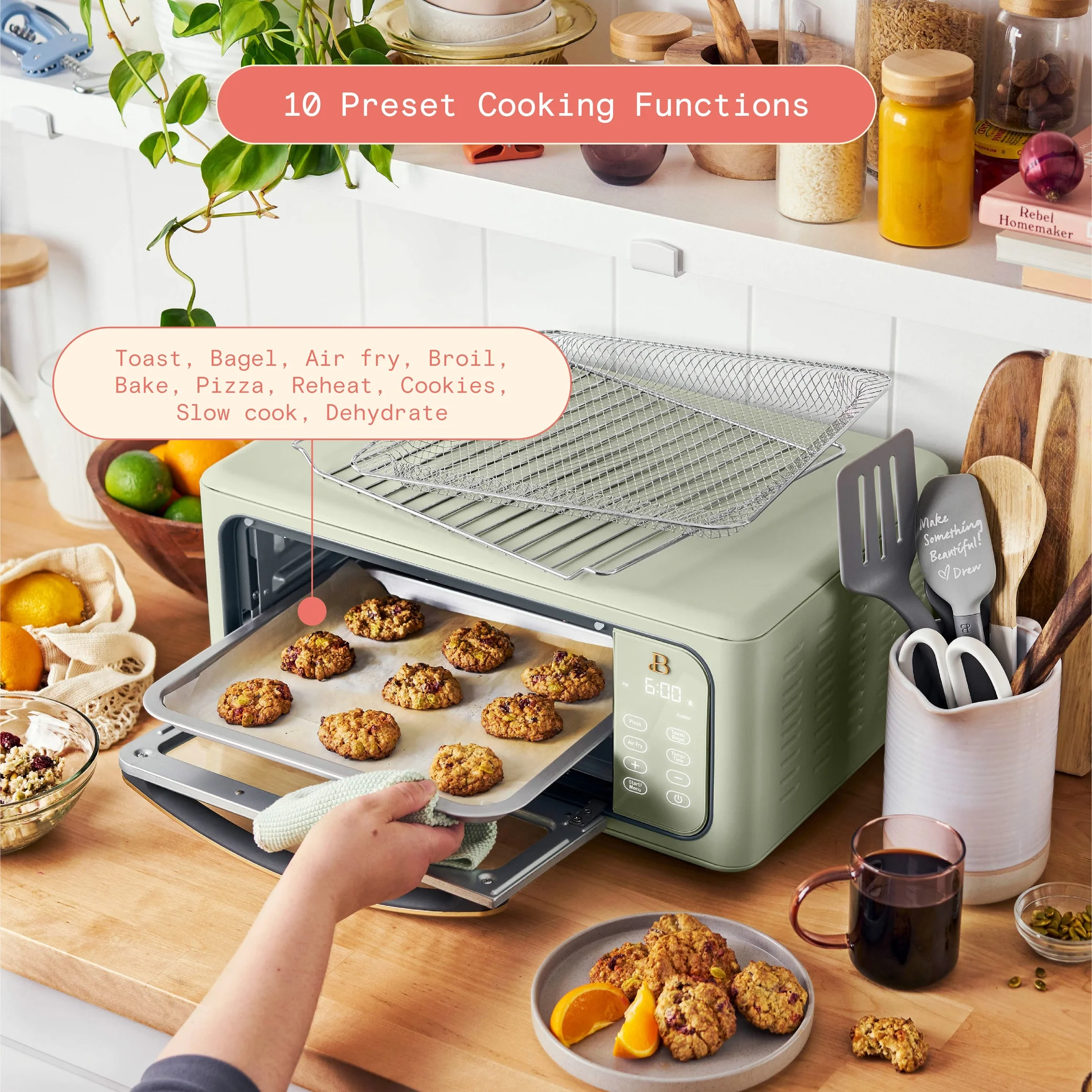 Beautiful Infrared Air Fry Toaster Oven, 9-Slice, 1800 W, Sage Green by Drew Barrymore