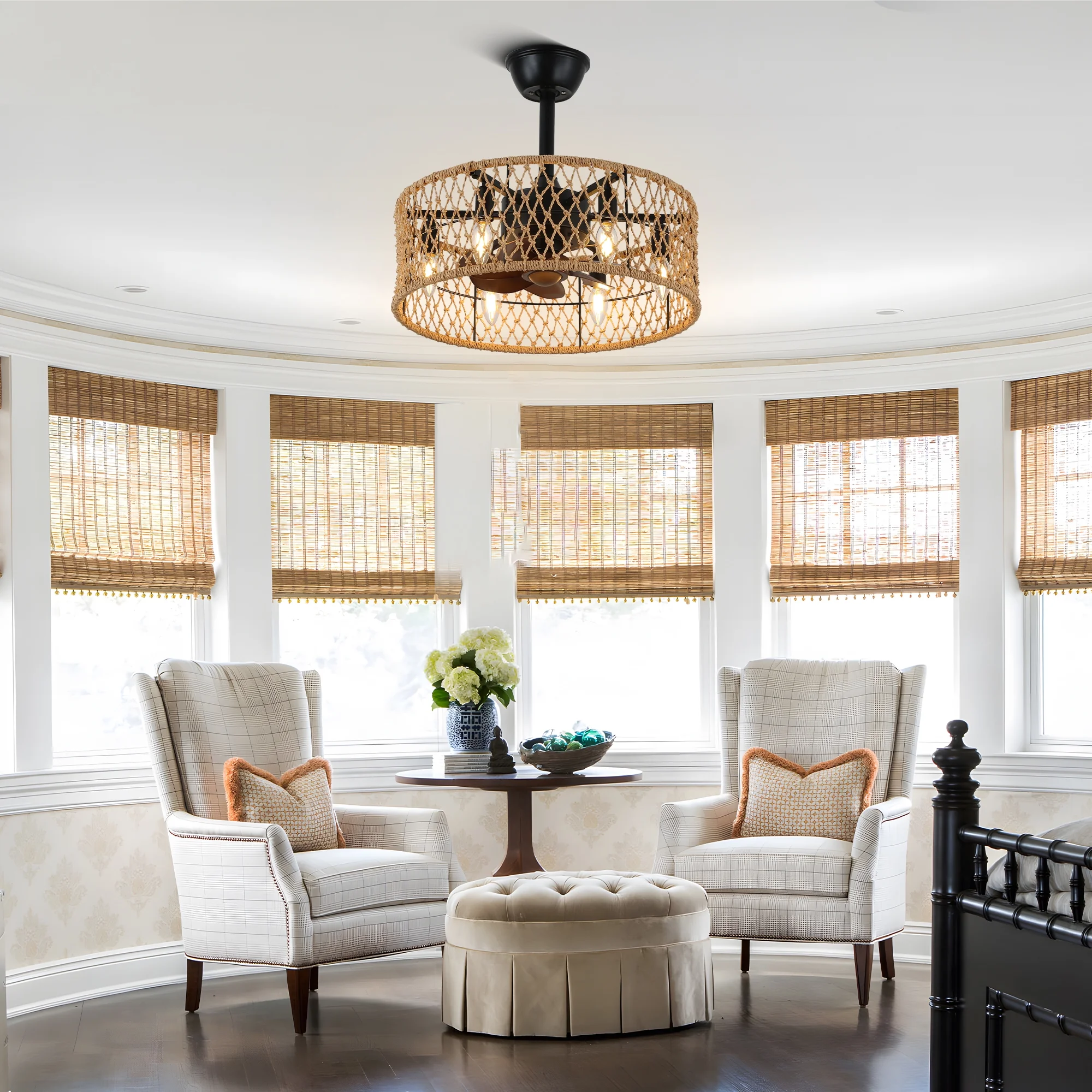 Bella Depot 18 Inches Woven Rope Drum Ceiling Fan with Dimmable Light and Remote Control, 3-Speed Reversible Fan