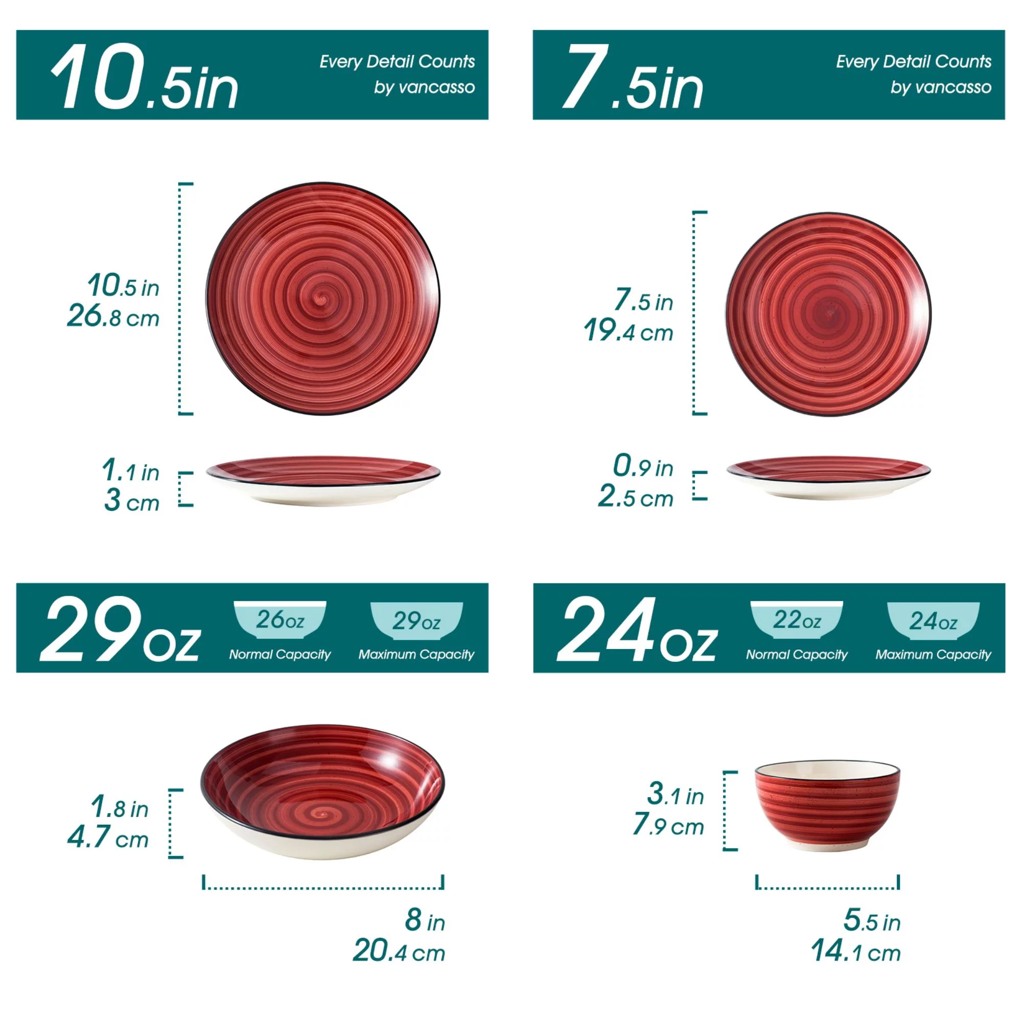24-Piece Stoneware Dinnerware Set, Red Dinner Set, Service for 6