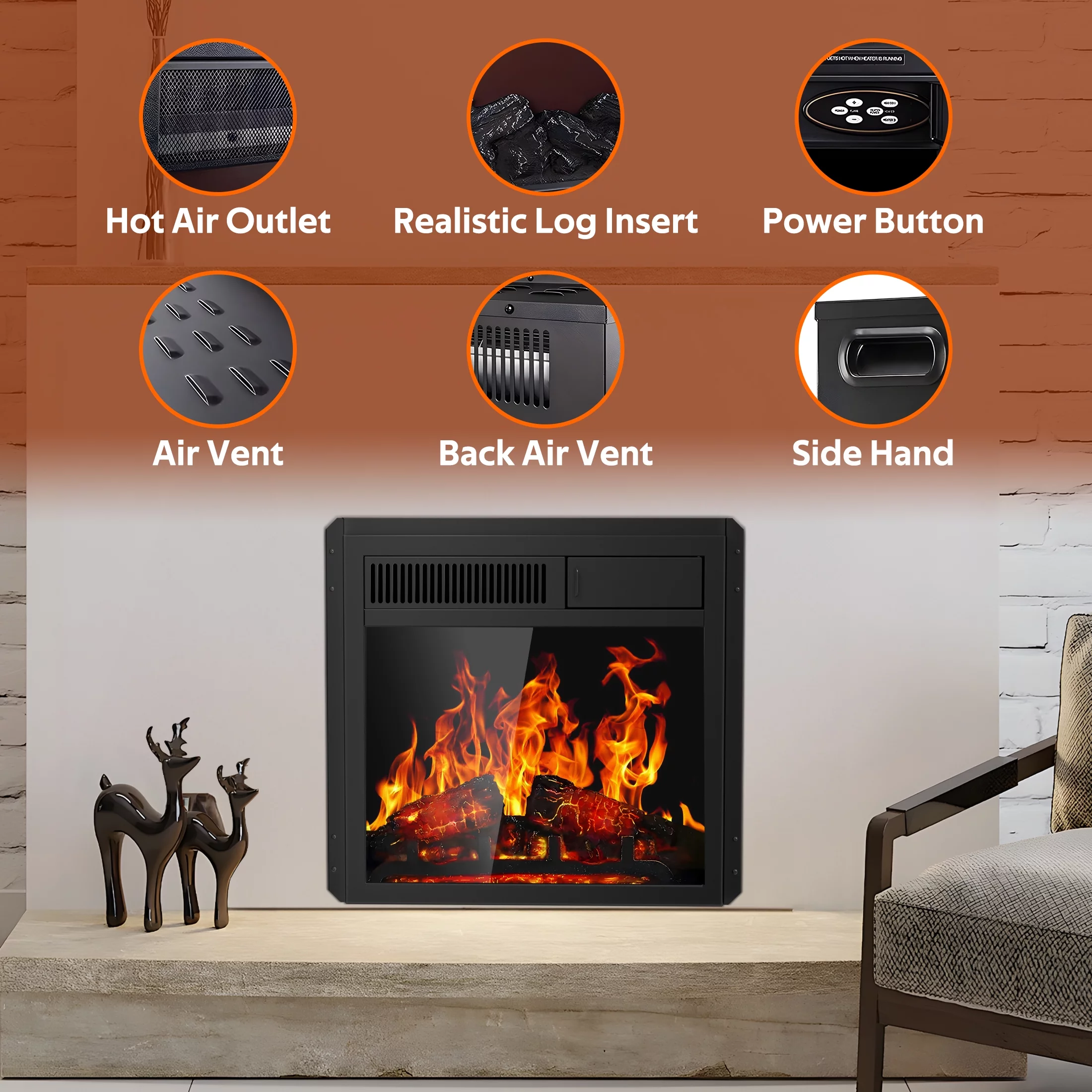 Auseo 20' Electric Fireplace Insert 18' Freestanding Heater with 7 Log Hearth Flame Settings, Remote Control and Adjustable Flame,750W/1500W-Black