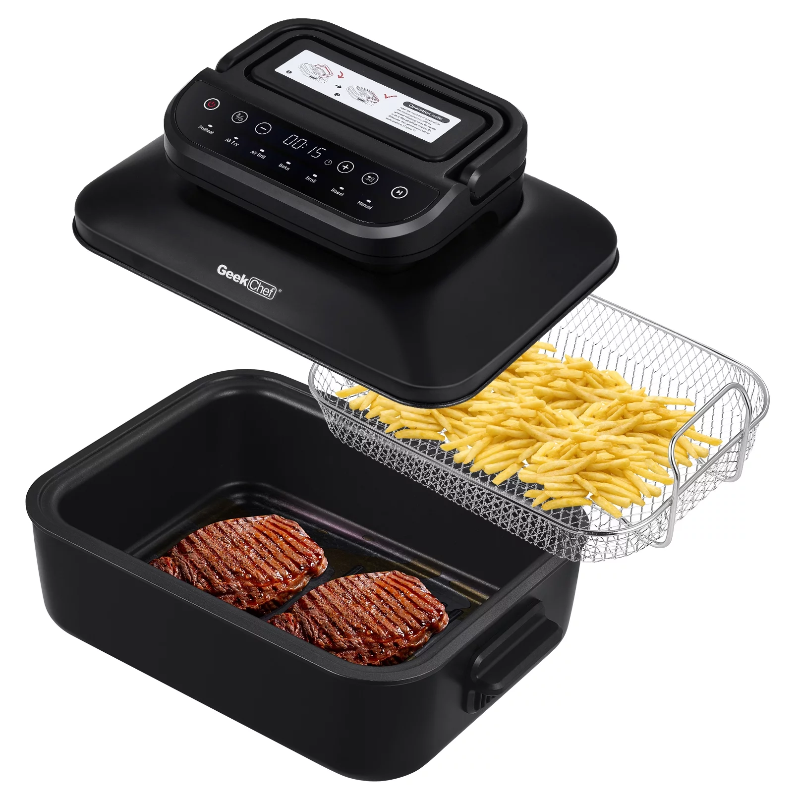Glavbiku 7 in 1 Smokeless Electric Grill with Air Fry Indoor,Portable 2 in 1 Grill and Griddle,Black