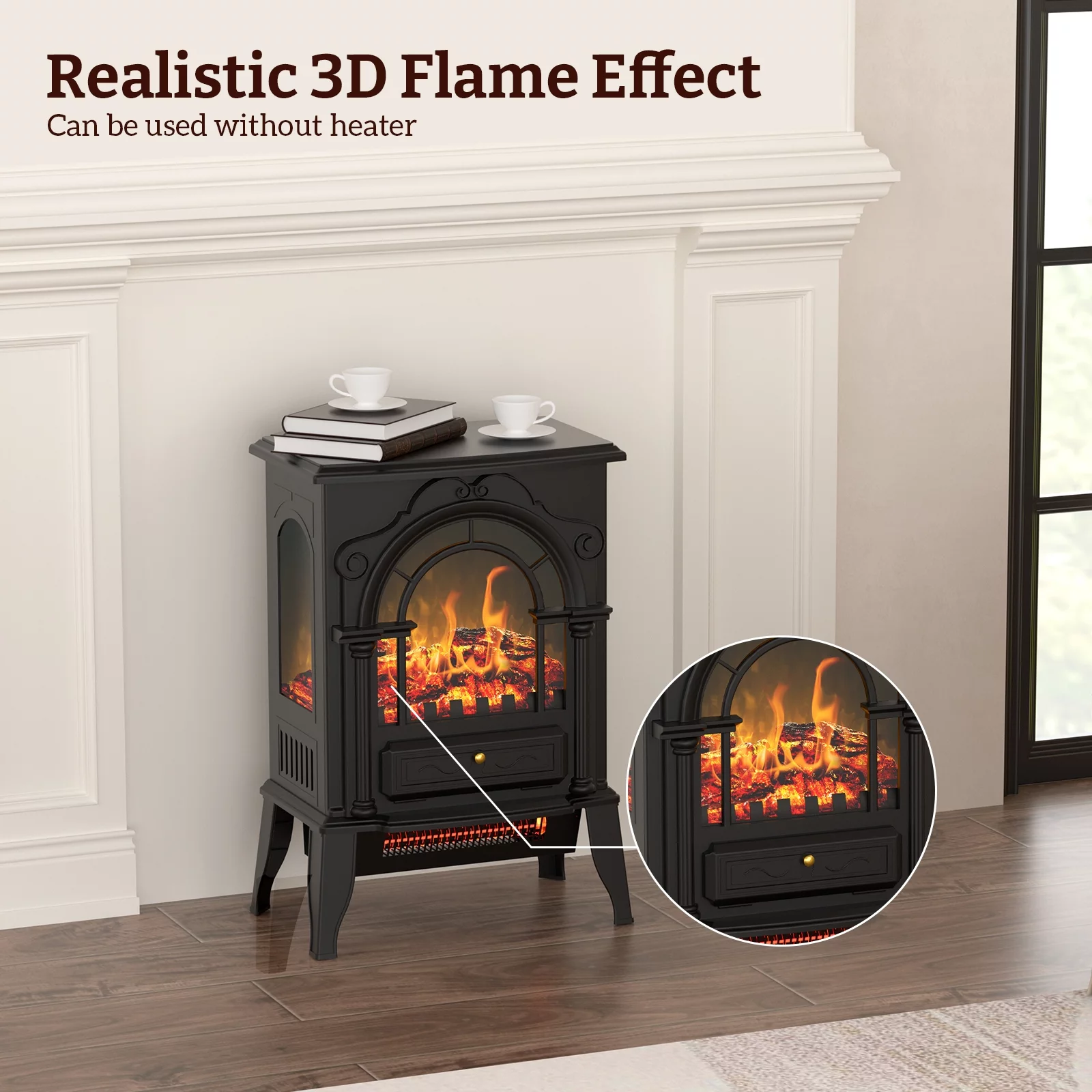 BREEZEHEAT Freestanding Electric Fireplace Stove, 16' Infrared Fireplace Heater with Realistic Flame Effects, 1000W/1500W
