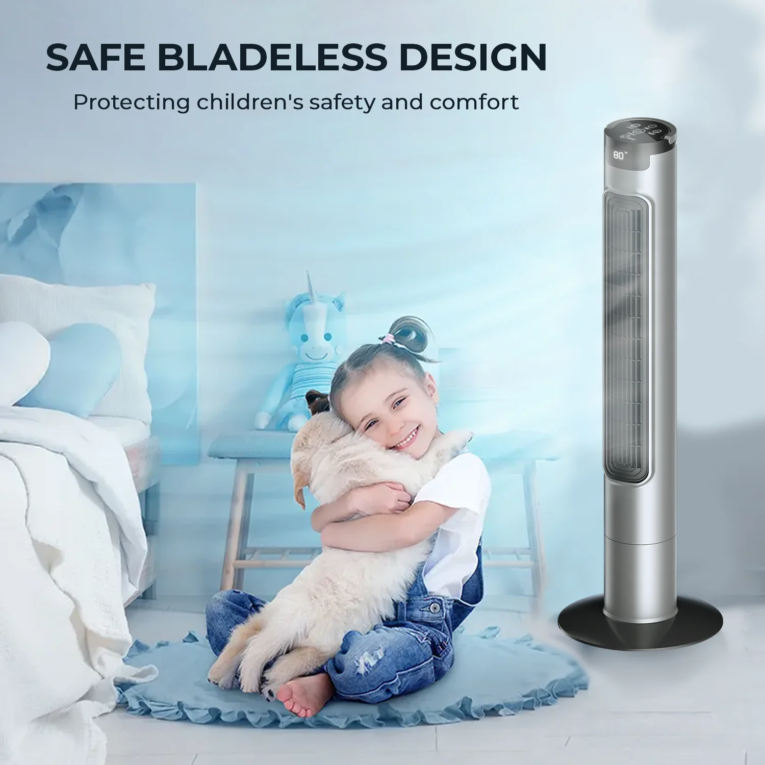 Blarity Tower Fan for Bedroom, Quiet Bladeless Floor Fan with Remote, 90�� Oscillating Standing Fans for Home