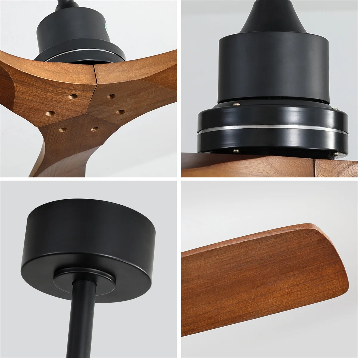 52 Inch 3 Carved Wood Blades Ceiling Fan with Remote Control, Multi-functional Fan Suitable for Living Room, Bedroom or Other Outdoor Places, Noiseless Reversible Motor, Black
