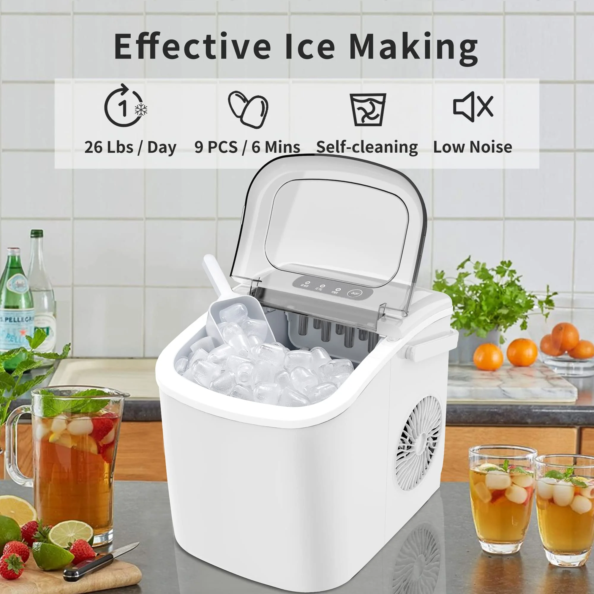Ice Makers Countertop, Portable Ice Maker Machine with Self-Cleaning, 26.5lbs/24Hrs, 6 Mins/9 Pcs Bullet Ice, Ice Scoop and Basket, Handheld Ice Maker for Kitchen/Home/Office/Party