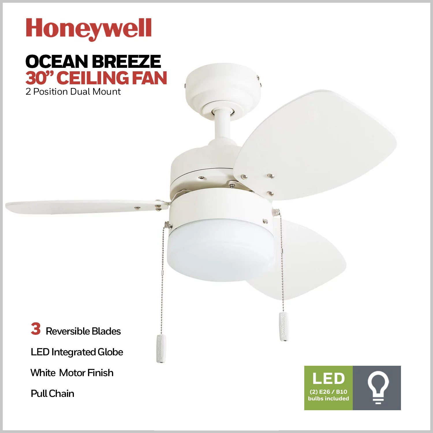 Honeywell Ocean Breeze 30' White Indoor Ceiling Fan with Light, 3 Blades, & Reverse Airflow