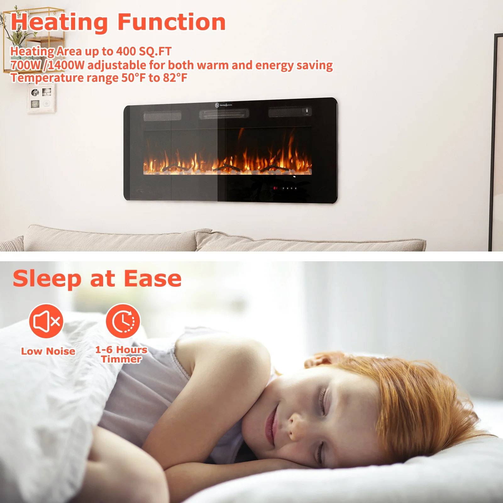 50' Insert Wall Mounted Electric Fireplace Mantel Features a Touch Screen, Timer, Adjustable Flame Color, 700W / 1400W