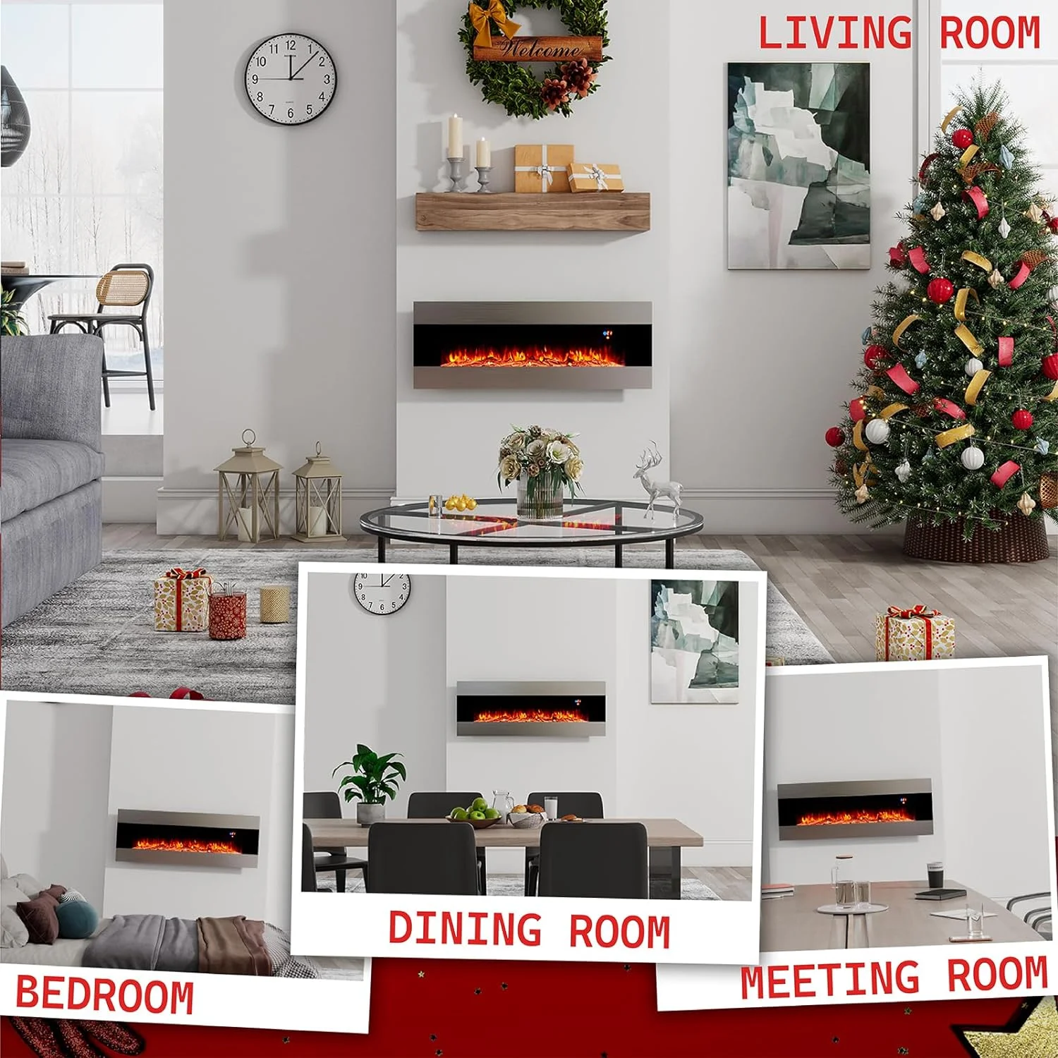 AMERLIFE 50' Wall Mounted Electric Fireplace, Stainless Steel Frame, Black
